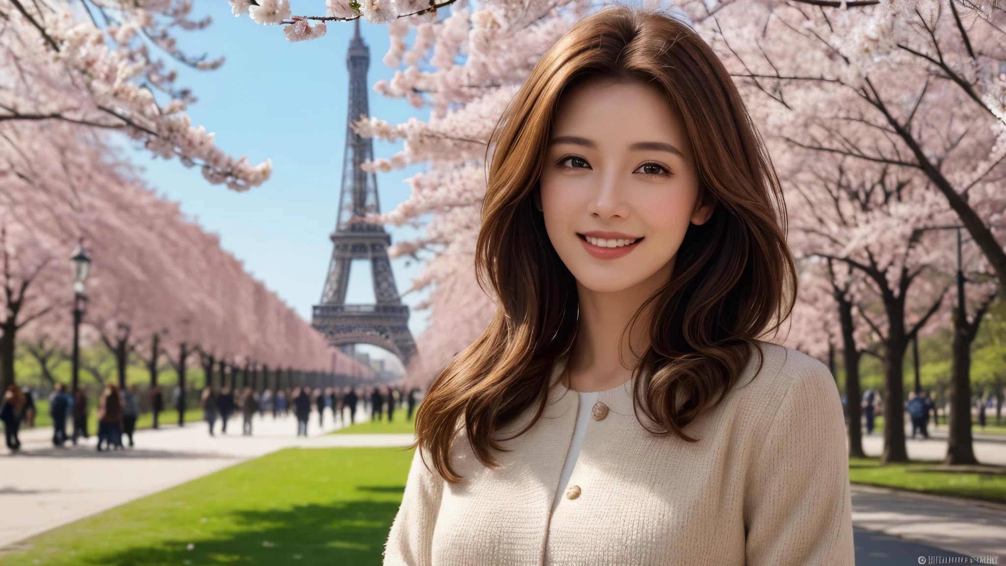 masterpiece, Best Quality, Photorealistic, Ultra-detailed, finely detailed, High resolution, 8K Wallpaper, 1 beautiful woman, light brown hair, sharp focus, Perfect dynamic composition, Beautiful detailed eyes, detailed hairs, Detailed realistic skin texture, Smiling, portrait, Model body type, Take a walk in the park with cherry blossoms and Eiffel Tower background,