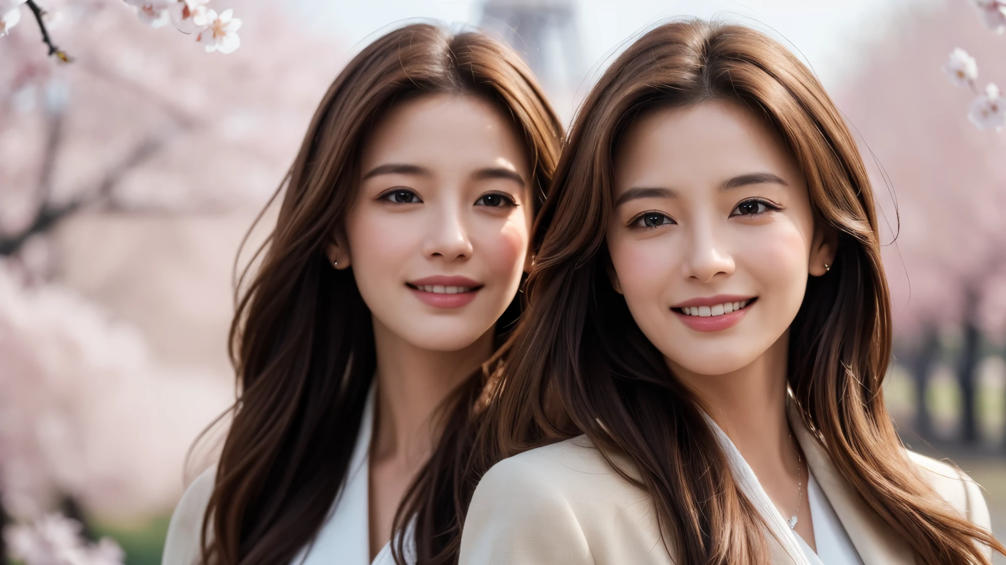masterpiece, Best Quality, Photorealistic, Ultra-detailed, finely detailed, High resolution, 8K Wallpaper, 1 beautiful woman, light brown hair, sharp focus, Perfect dynamic composition, Beautiful detailed eyes, detailed hairs, Detailed realistic skin texture, Smiling, portrait, Model body type, Take a walk in the park with cherry blossoms and Eiffel Tower background,