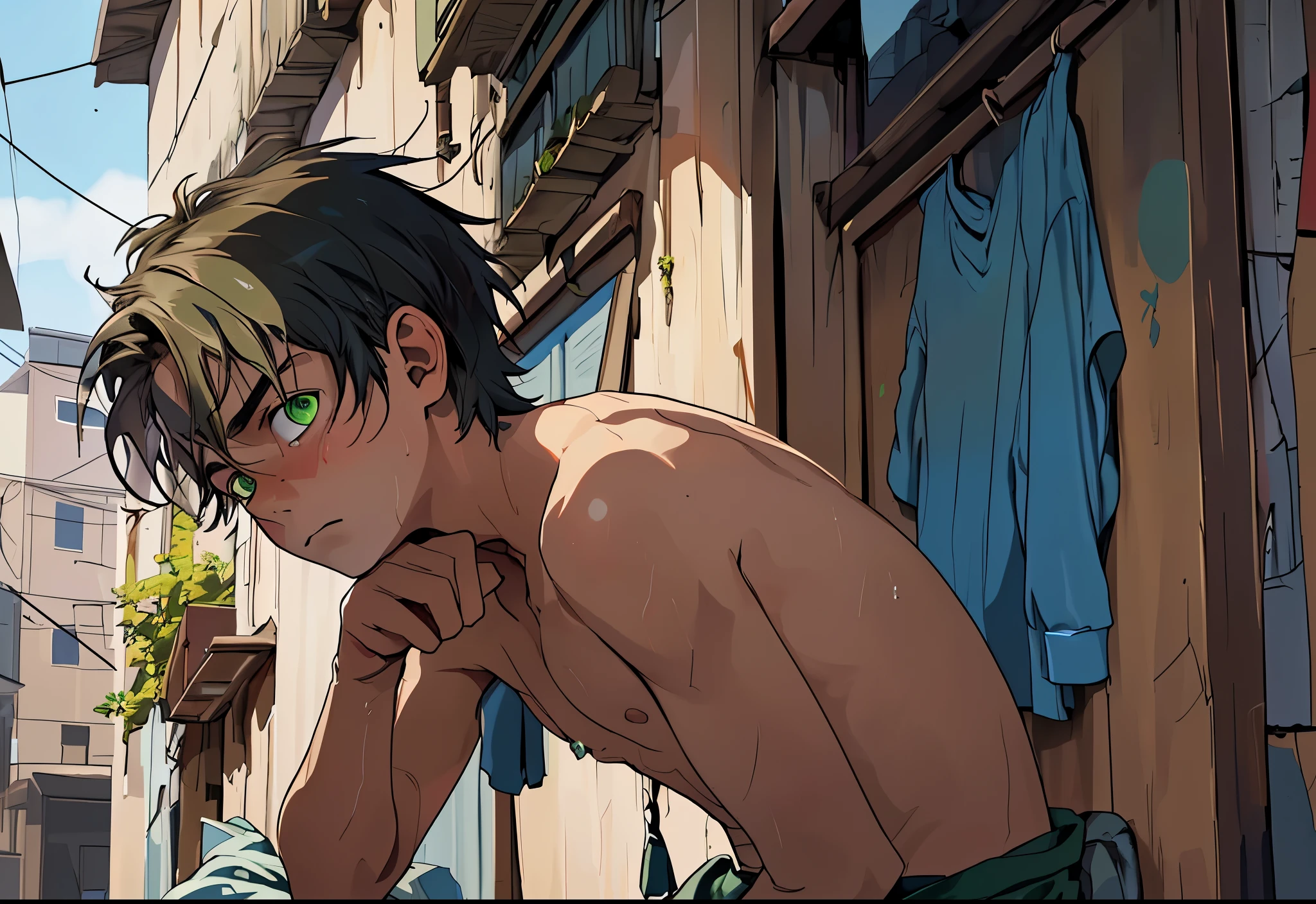 male only, male, cartoon, green hair, purple eyes, little beard, short spiked hair, naked, public, hiding in alleyway, micropenis, himbo, muscle, modern coty, night, embarrassed, ashamed, embarrassing, crouching, enterinh a backdoor