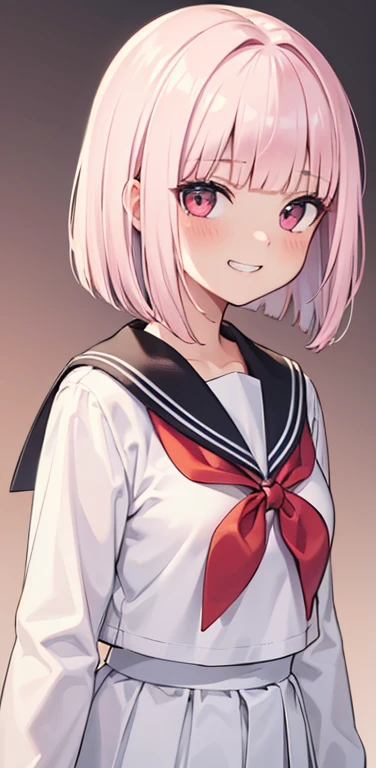(8K、highest quality、masterpiece:1.2)、Super detailed、super resolution、Realistic、1girl、((light pink white gradient hair:1.5))、short hair、((blunt bangs:1.5)),RED eyes、(face focus:1.3,upper body),(gradient hair:1.5),(sailor uniform:1.3)、(grin:1.3),cute face,small breasts,school girl,