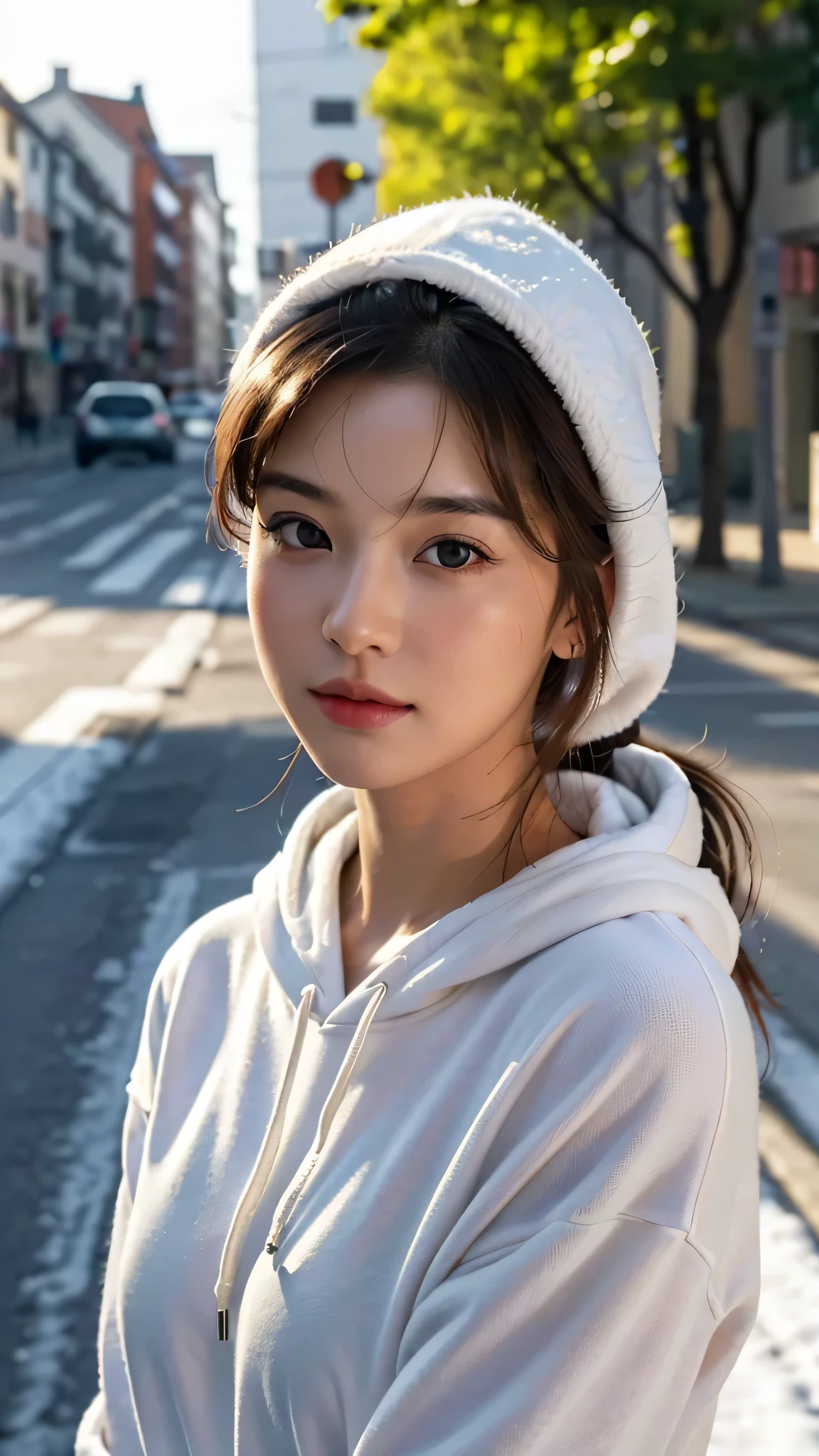 One woman,fully body photo,masutepiece, The highest image quality, High quality, the background is clear,Beautiful woman, Japanese, Detailed, Detailed eyes, Detailed skin, Beautiful skin, 超hight resolution, (reality: 1.4),Very beautiful woman, Slightly younger face, Beautiful skin, slender, (Ultra photo realsisim), (hight resolution), (8K), (Very detailed) (beautifully detailed eyes), (super detailed), (Detailed face), view the viewer, Fine details, Detailed face, Staring straight ahead, Staring straight ahead, photos realistic, Bright lighting, Professional Lighting, Black hair,poneyTail,a baby face,sixteen years old,Hairstyle is ponytail,long ponytail hairstyle,slight smile,neat and tidy clothing,European Streets,winter Clothing,snowing,wears a hoodie with a hood,