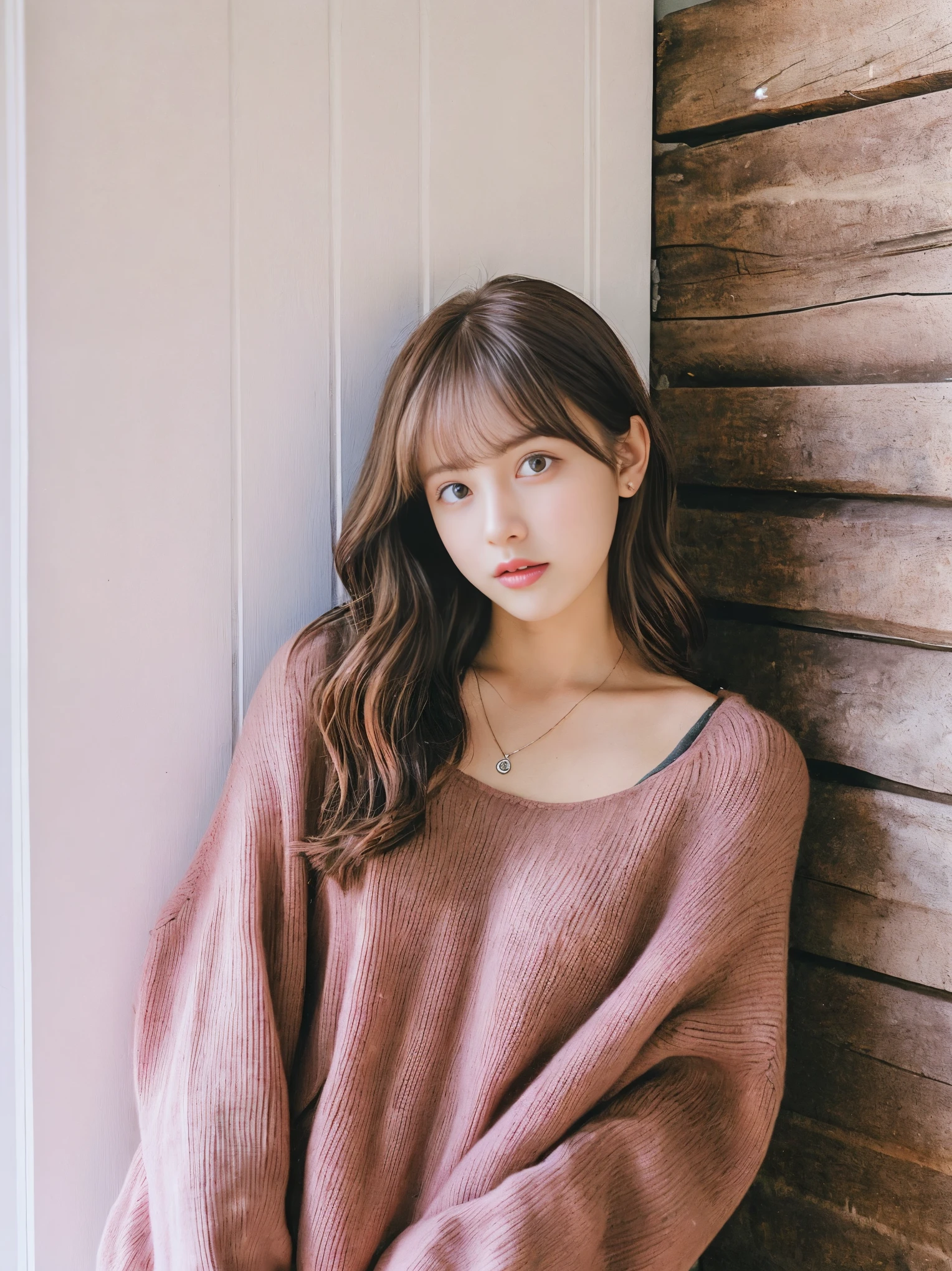 Photographed with iPhone camera BREAK Medium shot selfie of cute young woman BREAK (ombre:1.3) dark brown pink hair color、 BREAK Film Grain、medium quality、Japanese、autumn clothes、Winter clothes、simple necklace、Winter clothes、sweater、Various poses、white wall、Taken in front of the white door、(窓のあるwhite wallの部屋)、