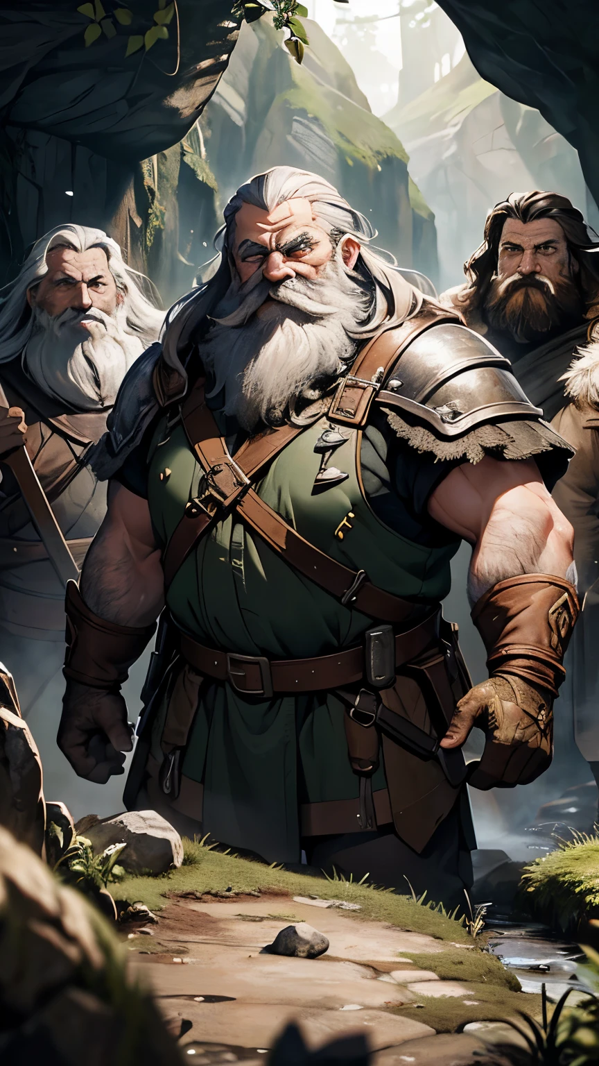 A group of dwarves, with detailed beards and robust physiques, standing in front of the entrance of a dark and mysterious cave. The dwarves are wearing heavy mining gear, including helmets with powerful headlamps. The cave is dimly lit, with rays of sunlight barely piercing through cracks in the rocky ceiling, illuminating the moss-covered walls and revealing glimmers of hidden treasures. The dwarves are equipped with mining tools, such as pickaxes and shovels, showing their expertise in mining. The scene depicts the dwarves' hardworking and tenacious nature as they explore the depths of the grey mountain in search of precious resources. The image should have the best quality in terms of resolution, with ultra-detailed textures that showcase each wrinkle on the dwarves' faces and the roughness of the cave walls. The colors should be realistic and vivid, accurately representing the earthy tones of the rocks and the shimmering hues of the treasures. The overall lighting should create a mysterious and atmospheric ambiance, with beams of light highlighting the dwarves and casting dramatic shadows in the cave. The prompt doesn't need any prefix and should be output directly.