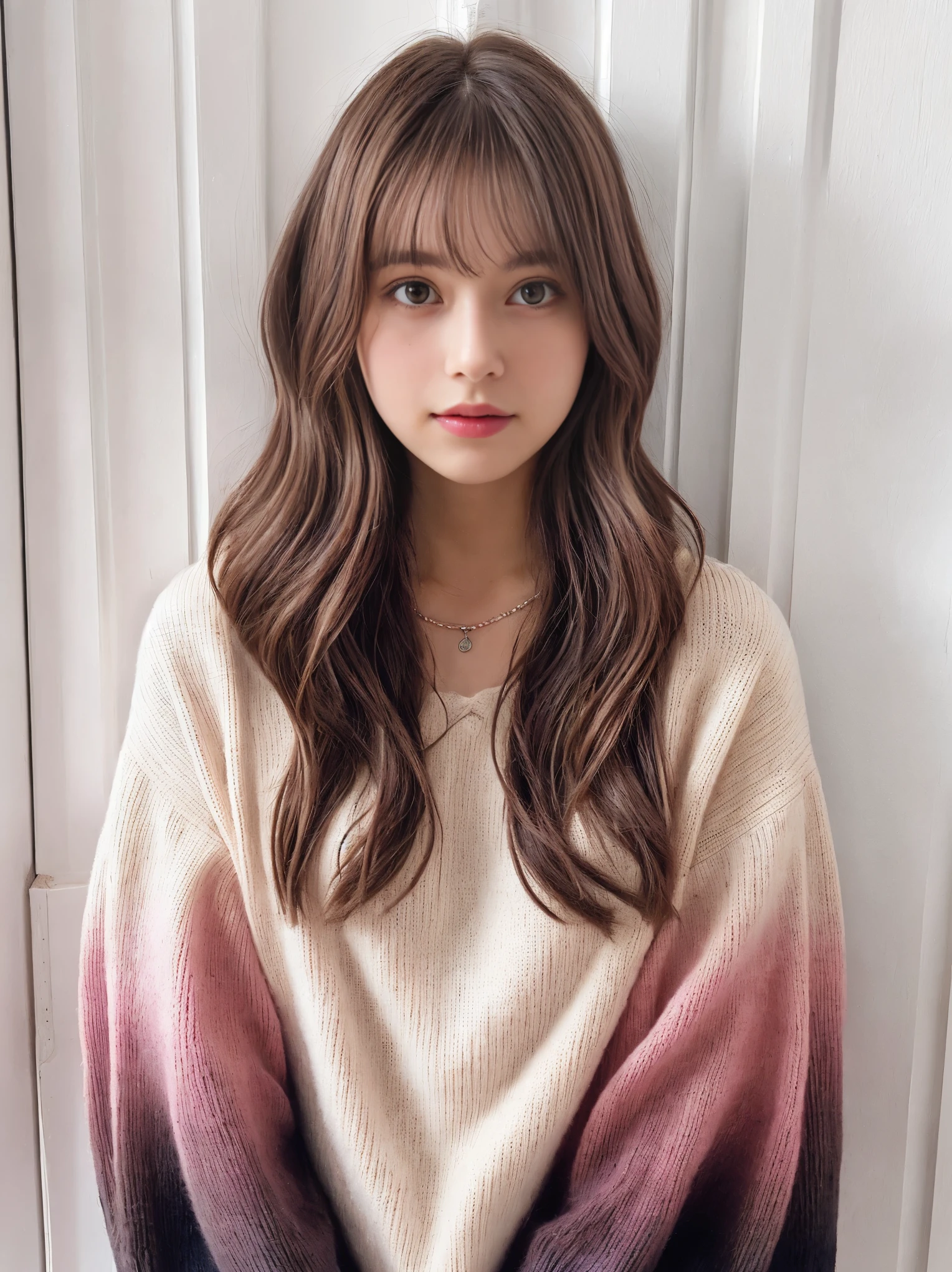 Photographed with iPhone camera BREAK Medium shot selfie of cute young woman BREAK (ombre:1.3) dark brown pink hair color、 BREAK Film Grain、medium quality、Japanese、autumn clothes、Winter clothes、simple necklace、Winter clothes、sweater、Various poses、white wall、Taken in front of the white door、(窓のあるwhite wallの部屋)、