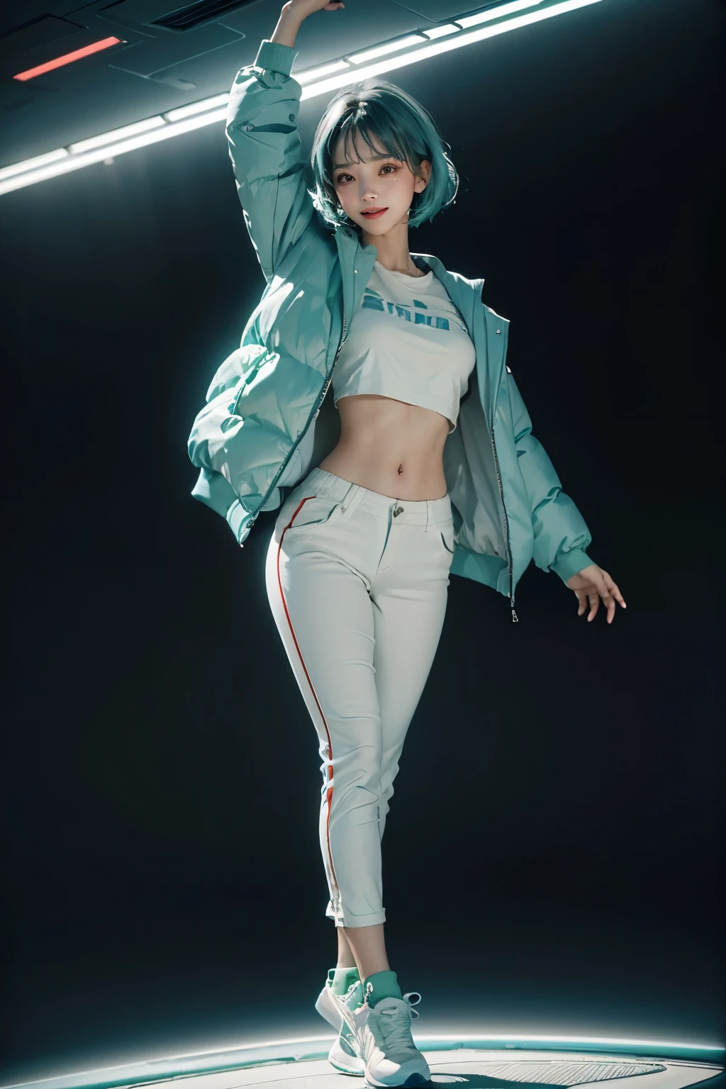 (1beautiful girl:1.1), (mint blue hair:1.1),(bob cut hair:1.1), (blunt bangs), (squinting), (joy:1.2), (smile:1.2), (vivit mint blue down jacket:1.4), 18 year old,  (white t-shirts), (white sportswear trouserint blue sneaker, futuristic cyberpunk style, (dynamic dance:1.2), (dynamic aerial shot),  (full body:1.1), (daytime super futuristic), ((Bright and colorful different space))