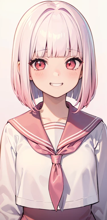 (8K、highest quality、masterpiece:1.2)、Super detailed、super resolution、Realistic、1girl、((light pink　,white gradient hair：1.5))、short hair、((blunt bangs:1.5)),RED eyes、(face focus:1.3,upper body),(gradient hair:1.5),(sailor uniform:1.3)、(grin:1.3),cute face,small breasts,school girl,
