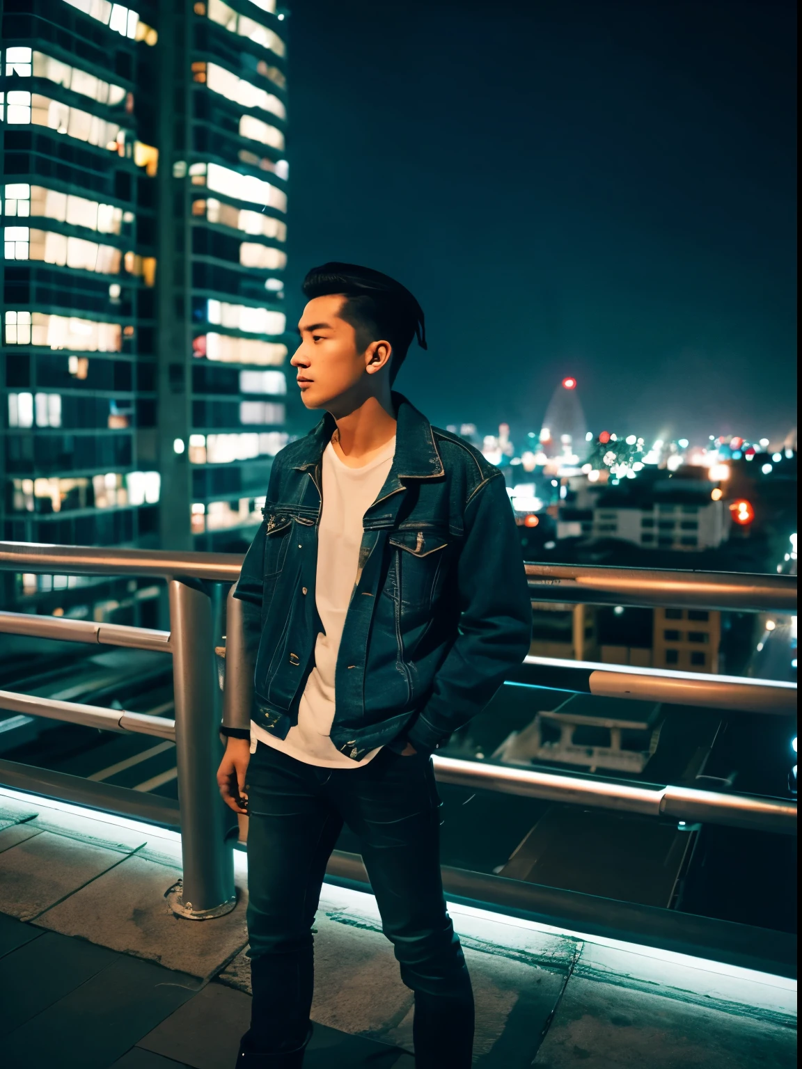 realistic portrait of an asian man from Indonesia with slick back hair wearing a denim jacket and boots standing from the top of a building carrying a DSLR camera, nighttime atmosphere full of stars and moonlight, bird's eye camera