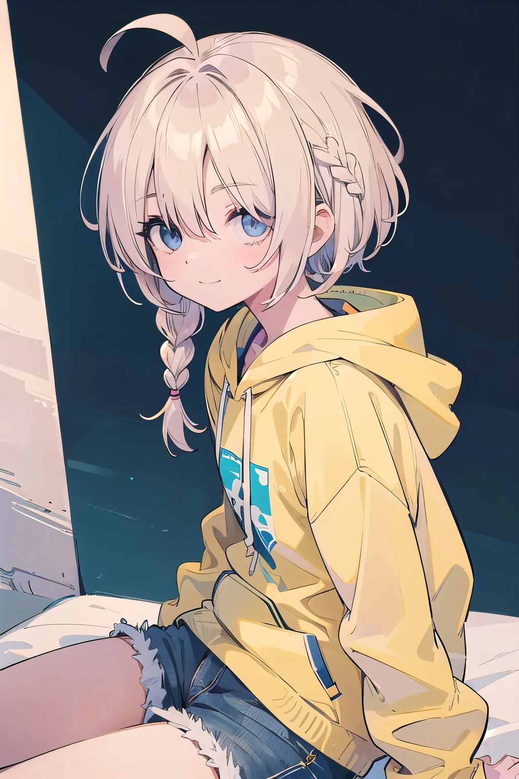 (masterpiece:1.2), (highest quality:1.2), Upper body, perfect eyes, perfect face, perfect lighting, mountainous horizon, 1 girl, blonde, blue eyes, ((((((hair over one eye,)))))), a braid, spike hair, dull bangs, bob hair, Ahoge, cute eyes, Medium chest , ((From the side)),From above, closed mouth, vivid description,orgasm, I was scared, Ahegao, smile+Happy, tooth, anger, From the side, She is wearing pink shorts with jeans textured lace, wears hoodie in yellow modern style fashion, sitting,