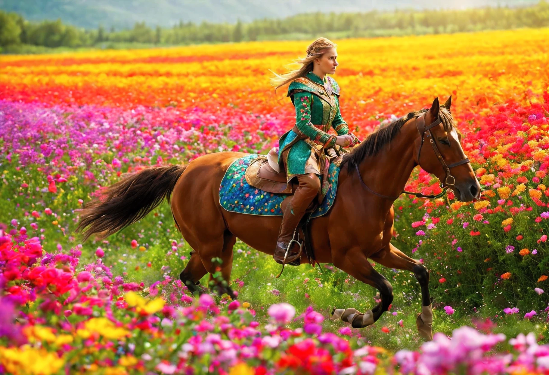 Realistic photo, fantasy, fantasy world, Sea of fantasy flowers, colorful mozaik, colorful, young woman elf warrior, riding horse (fast gallop) along fields of flowers, Imersive fantasy barkground, vivid colors, raw photo, 8k, wide shot,