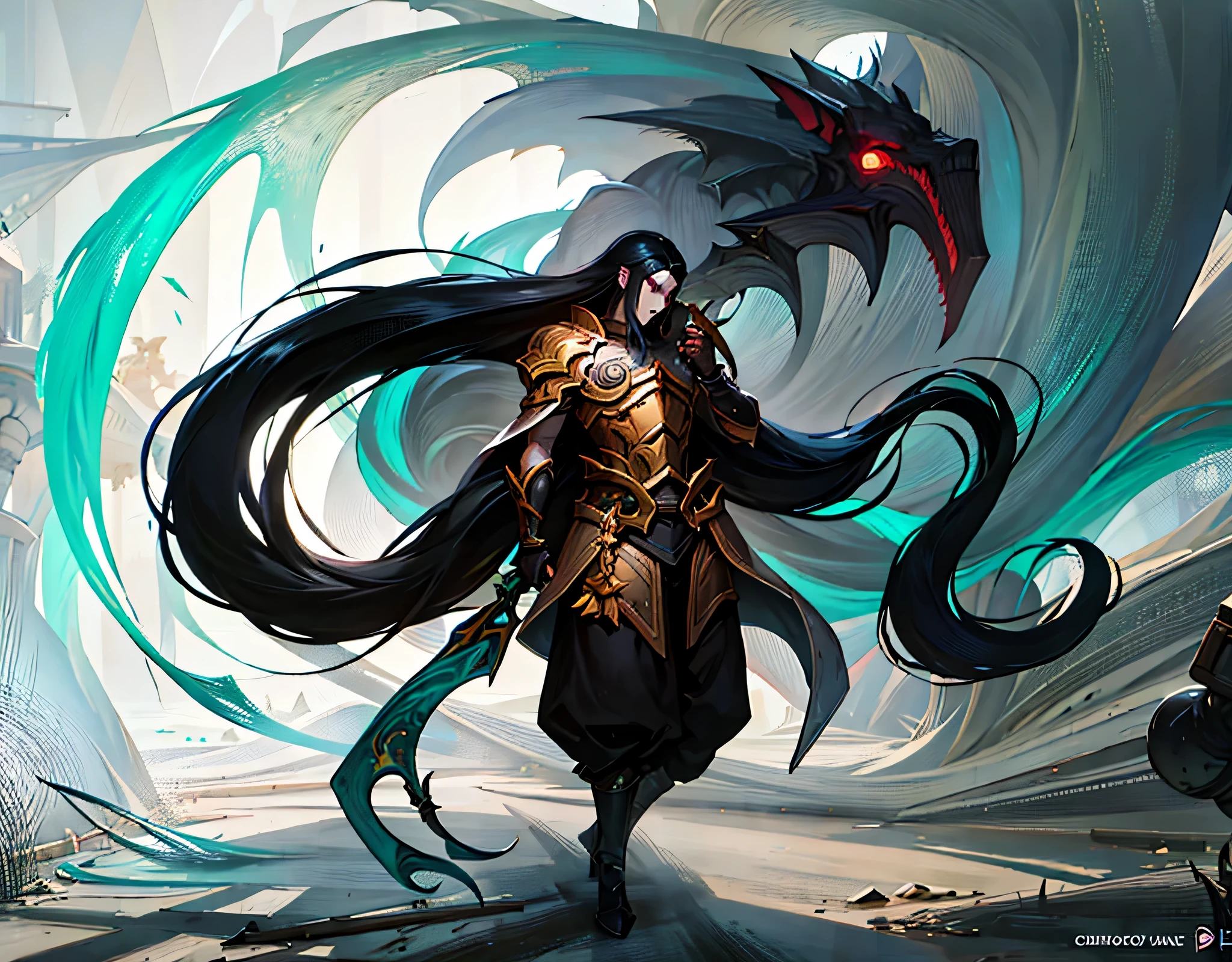 anime character with dragon head and long black hair, arte conceitual de liga das lendas, estilo de arte darksiders, personagem de liga das lendas art, estilo de arte de League of Legends, Arte estilo League of Legends, estilo darksiders, arte conceitual de jogos de motim, estilo de arte arcano, arte conceitual misteriosa, personagem de liga das lendas, league of legend illustration, Arte conceitual do Dota 2