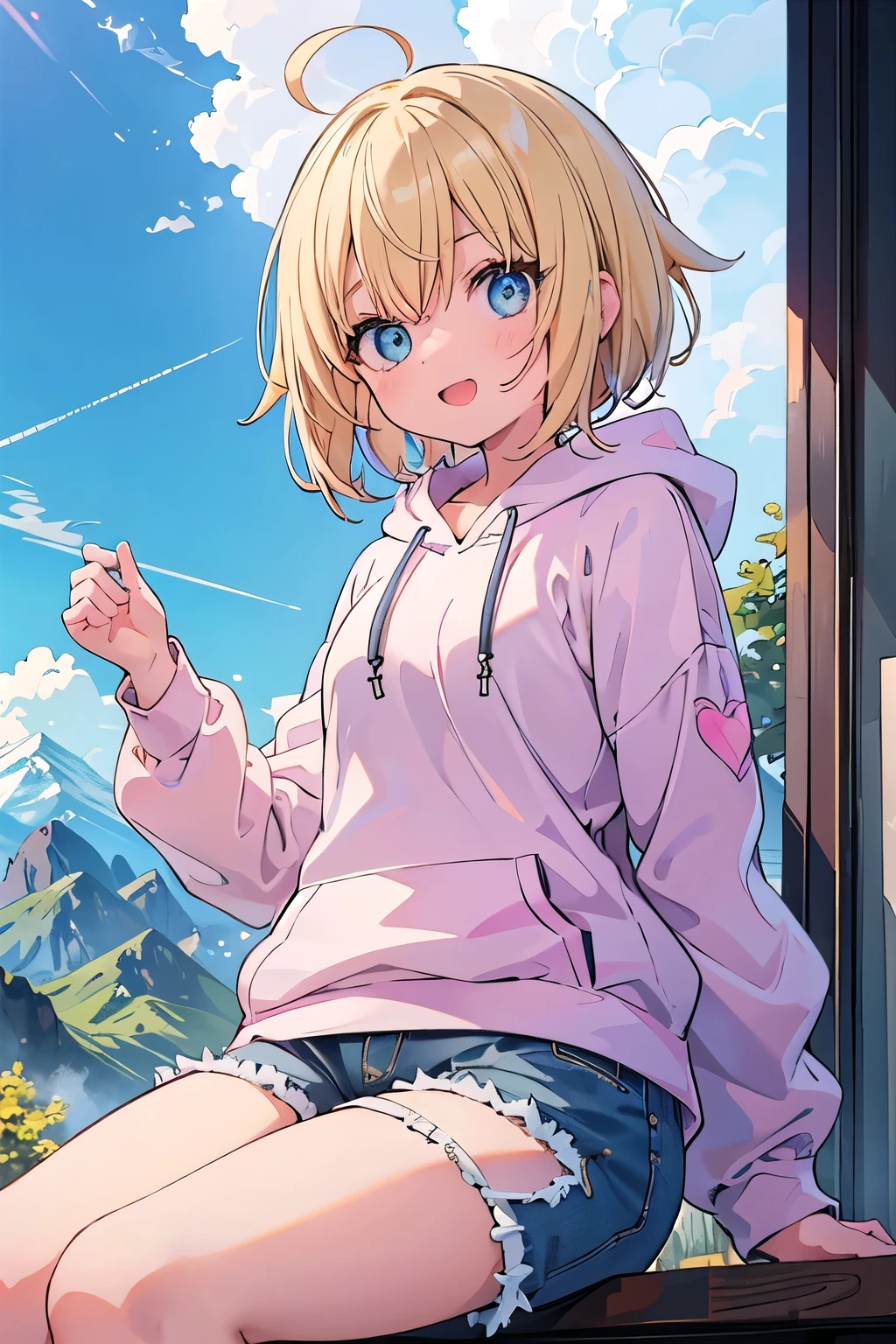 (masterpiece:1.2), (highest quality:1.2), Upper body, perfect eyes, perfect face, perfect lighting, mountainous horizon, 1 girl,blonde blue eyes Raking up hair, spike hair, very short hair, Ahoge, cute eyes, Medium chest, , (((from below))), open mouth, vivid description,orgasm, I was scared, Ahegao, smile+Happy, tooth, anger, From the side, She is wearing pink shorts with jeans textured lace, wears hoodie in yellow modern style fashion, sitting,