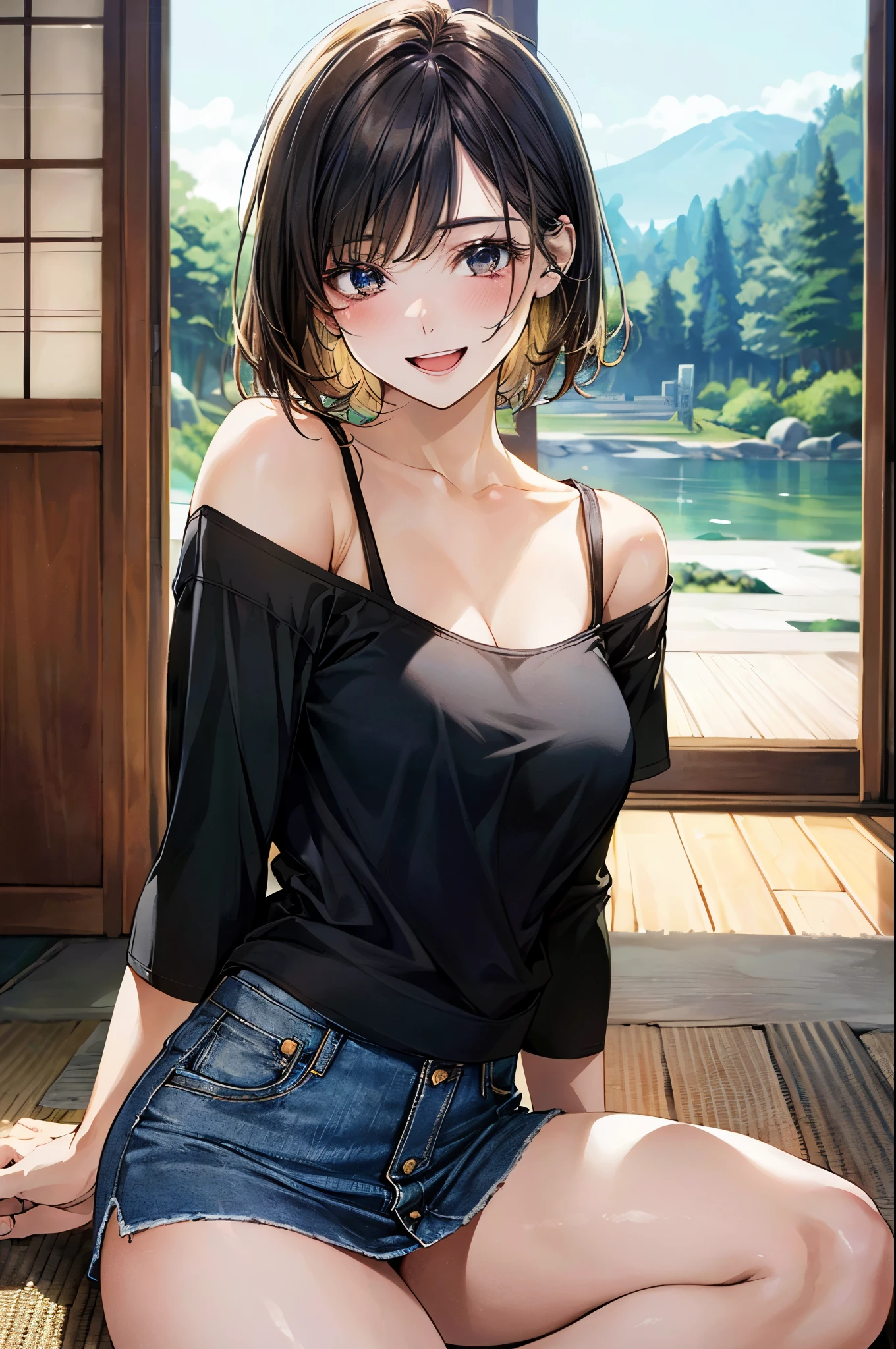 (masterpiece:1.2, top-quality, ultra high res, ultra detailed), (realistic, photorealistic:1.4), beautiful illustration, (perfect lighting, natural side lighting, movie lighting), 
looking at viewer, 1 girl, japanese, high school girl, perfect face, (perfect anatomy), cute and symmetrical face, shiny skin, slender, 
(short hair:1.5, pixie cut:1.4, blond hair), bangs pinned back, gold eyes, long eye lasher, (large breasts:0.6, thick thighs), 
beautiful hair, beautiful face, beautiful detailed eyes, beautiful clavicle, beautiful body, beautiful chest, beautiful thigh, beautiful legs, 
(((long sleeve black string chilled off shoulder t-shirt), black tank top, denim mini skirt)), 
(beautiful scenery), depth of field, night, (living room), yokozuwari, (wink, lovely smile, open mouth),