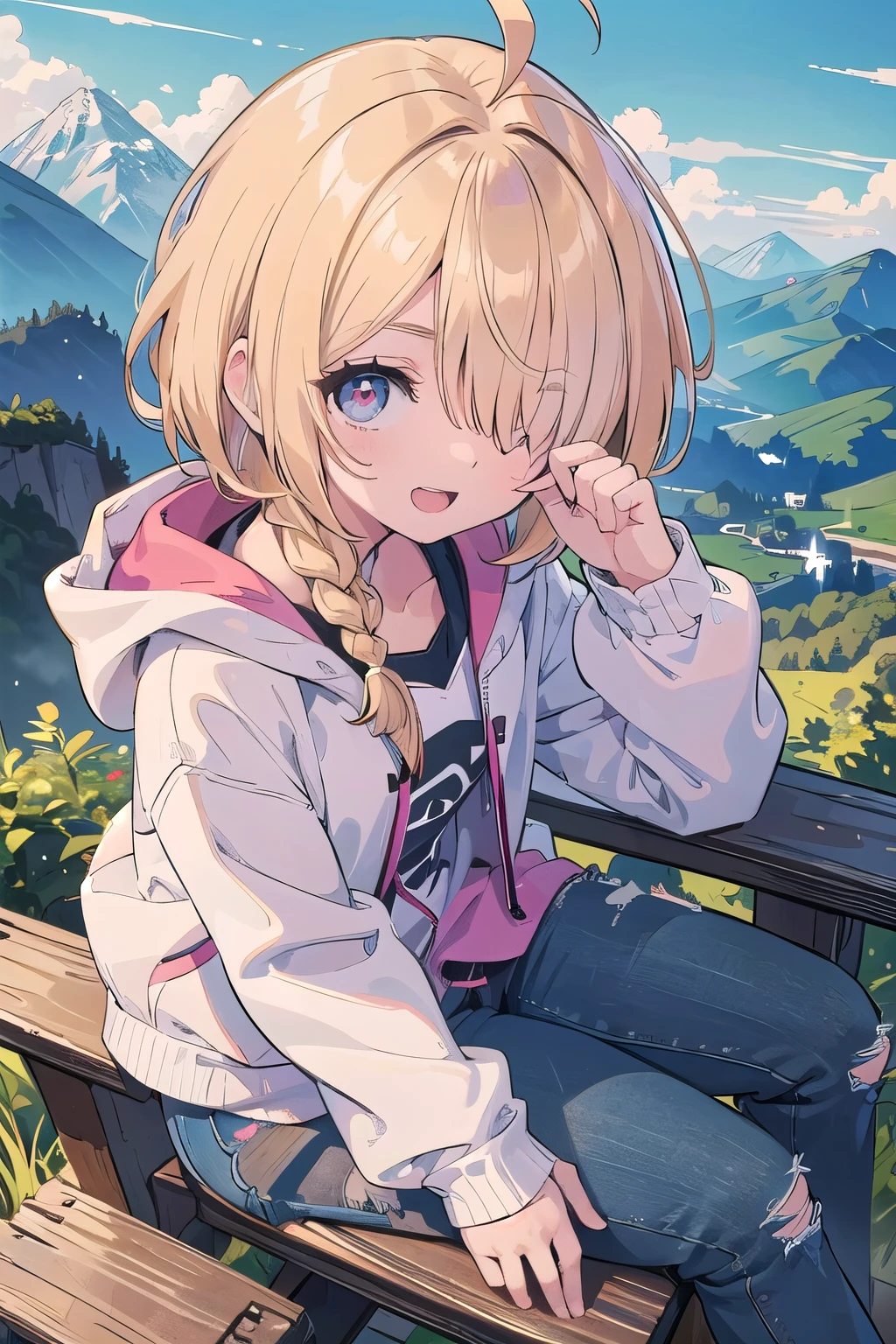 (masterpiece:1.2), (highest quality:1.2), Upper body, perfect eyes, perfect face, perfect lighting, mountainous horizon, 1 girl, blonde, red eye, ((((((hair over one eye,)))))), a braid, spike hair, dull bangs, bob hair, Ahoge, cute eyes, Medium chest , (((From above))), open mouth, vivid description,orgasm, I was scared, Ahegao, smile+Happy, tooth, anger, From the side, She is wearing pink shorts with jeans textured lace, wears hoodie in yellow modern style fashion, sitting, 