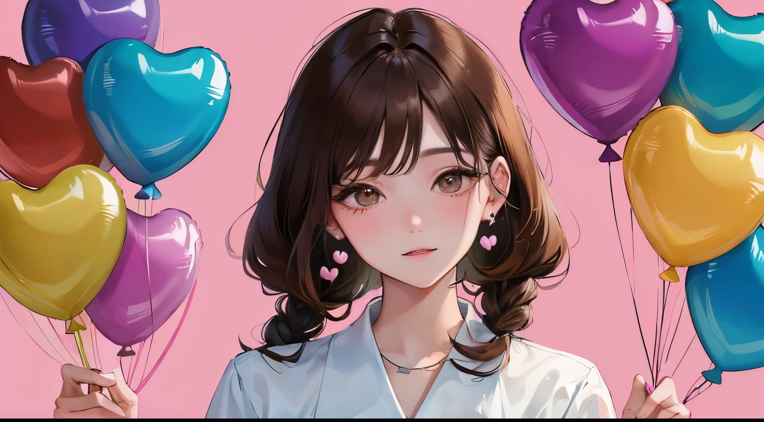 Masterpiece,best quality,  (((colorful heart balloon background))), determined expression, white shirt、upper body diagram、No piercing、no earrings、
(((1 woman)))、(highest resolution、clear_image)、best quality、contrast of light and shadow、((illumination))、very detailed、semi-realistic、braided hairstyle、brown hair、shy smile、bangs、20-year-old、office　Lady,,young、((View from the front))、delicate facial features facial features、