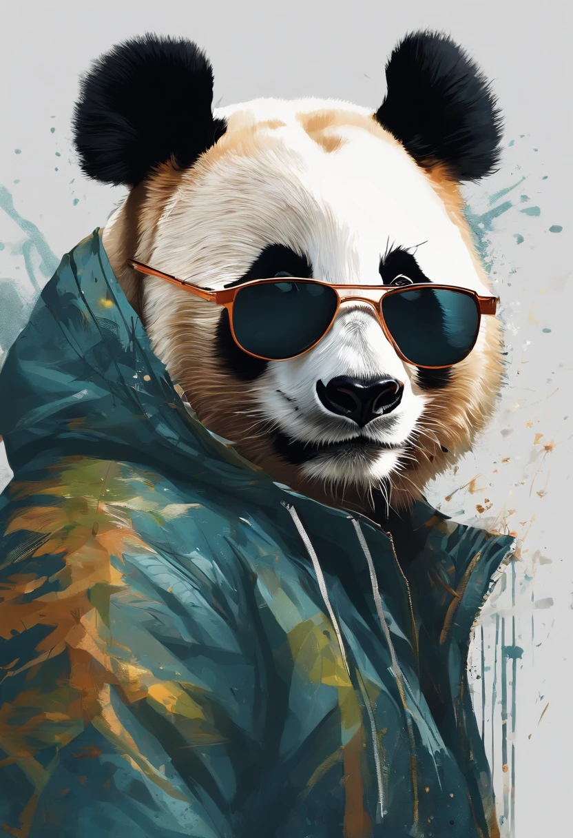 Perfect centralization, urso panda bonito, Use uma jaqueta da equipe de estudantes, wearing sunglasses, Usando fones de ouvido, alegria, Standing position, beleza abstrata, Centrado, looking at the camera, Facing the camera, nearing perfection, Dynamic, altamente detalhado, liso, sharp focus, 8k, high-definition resolution, illustration, arte de Carne Griffiths e Wadim Kashin, fundo branco