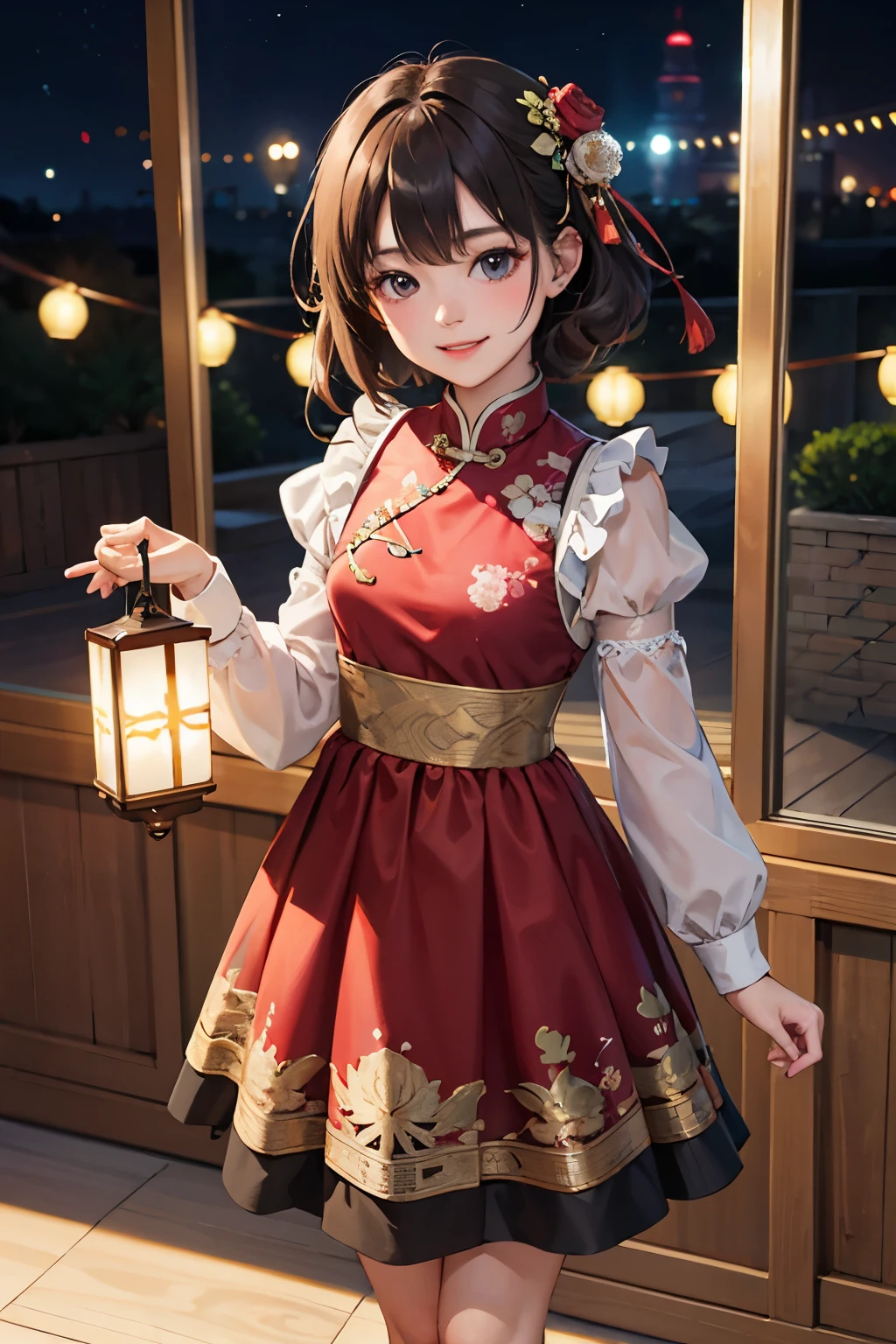 (masterpiece: 1.1), (highest quality, super resolution: 1.0), (8K resolution: 1.2), (realistic, Super detailed, clear focus 1:0), (original photo, lit: 1:1), BREAK eyes with detailed reflections by professional digital painting, beautiful cute cute small face, break 1 girl, chinoiserie long dress, Black midi ruffle petticoat, jacquard separate pump、standing position、whole body、smile、
