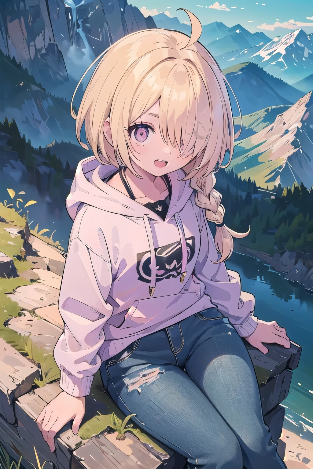 (masterpiece:1.2), (highest quality:1.2), Upper body, perfect eyes, perfect face, perfect lighting, mountainous horizon, 1 girl, blonde, red eye, ((((((hair over one eye,)))))), a braid, spike hair, dull bangs, bob hair, Ahoge, cute eyes, Medium chest , (((From above))), open mouth, vivid description,orgasm, I was scared, Ahegao, smile+Happy, tooth, anger, From the side, She is wearing pink shorts with jeans textured lace, wears hoodie in yellow modern style fashion, sitting,