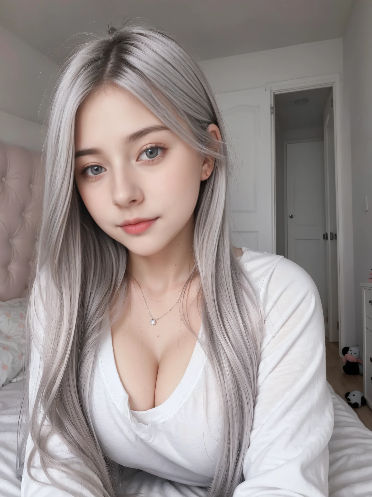 1 girl, beautiful, baby face, 20-year-old, white skin, big breasts, white loose pajamas, skinny, take a photo in the bedroom, girly bedroom, gray hair, Silver Twin Tail, ((adorable:1.1)), ((masterpiece:1.1)), sleepy cute face