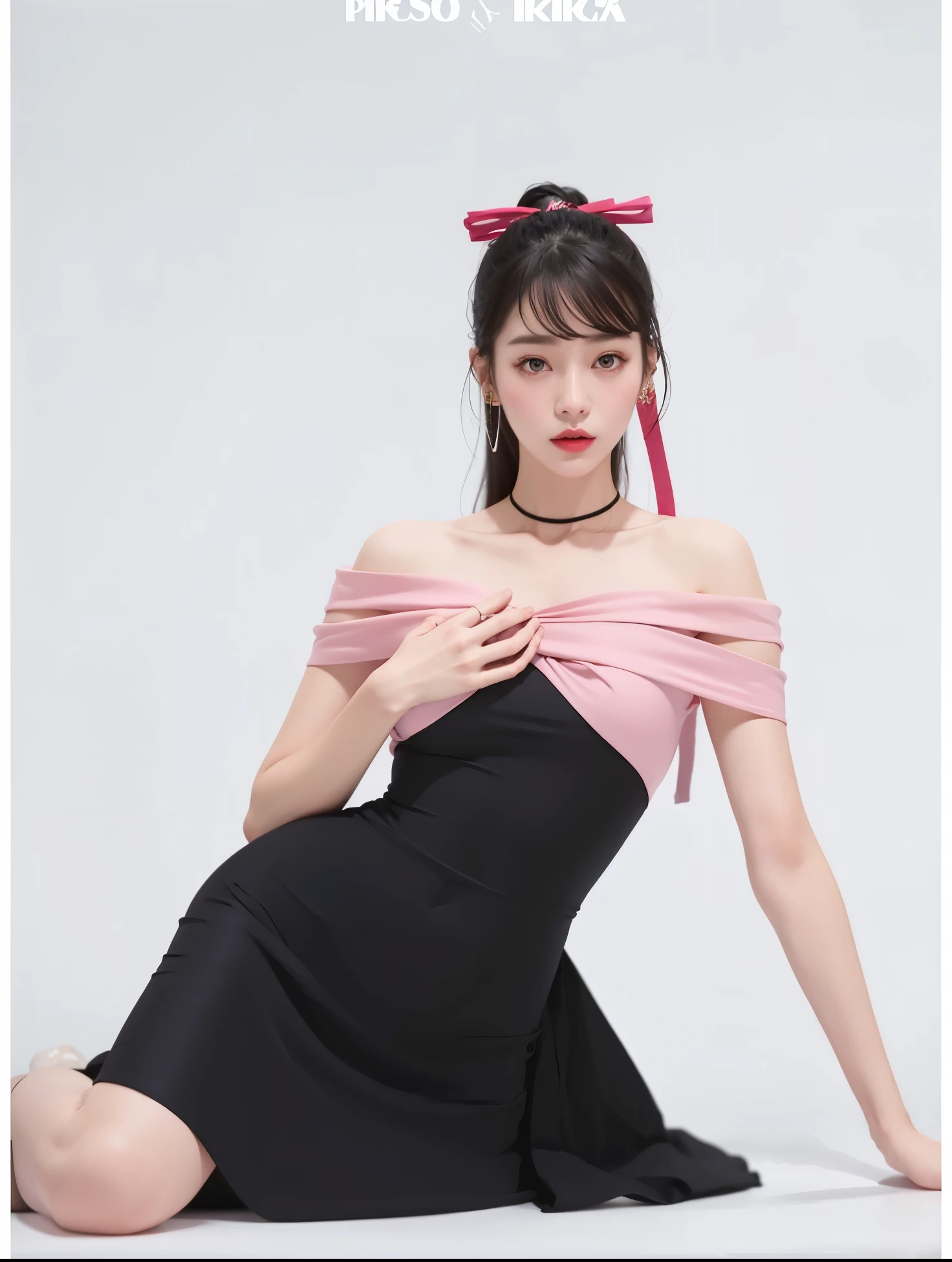 un primer plano de una mujer con un vestido negro con un lazo rosa, vestido negro y rosa, vestido tubo, modelo de moda femenina coreana, dilraba dilmurat, sha xi, foto de modelo chica delgada, Ropa de pecho en V abierta, jia, inspirado en Yanjun Cheng, ropa de seda negra y roja, Fashionable Color Studio Lighting, chen xintong
