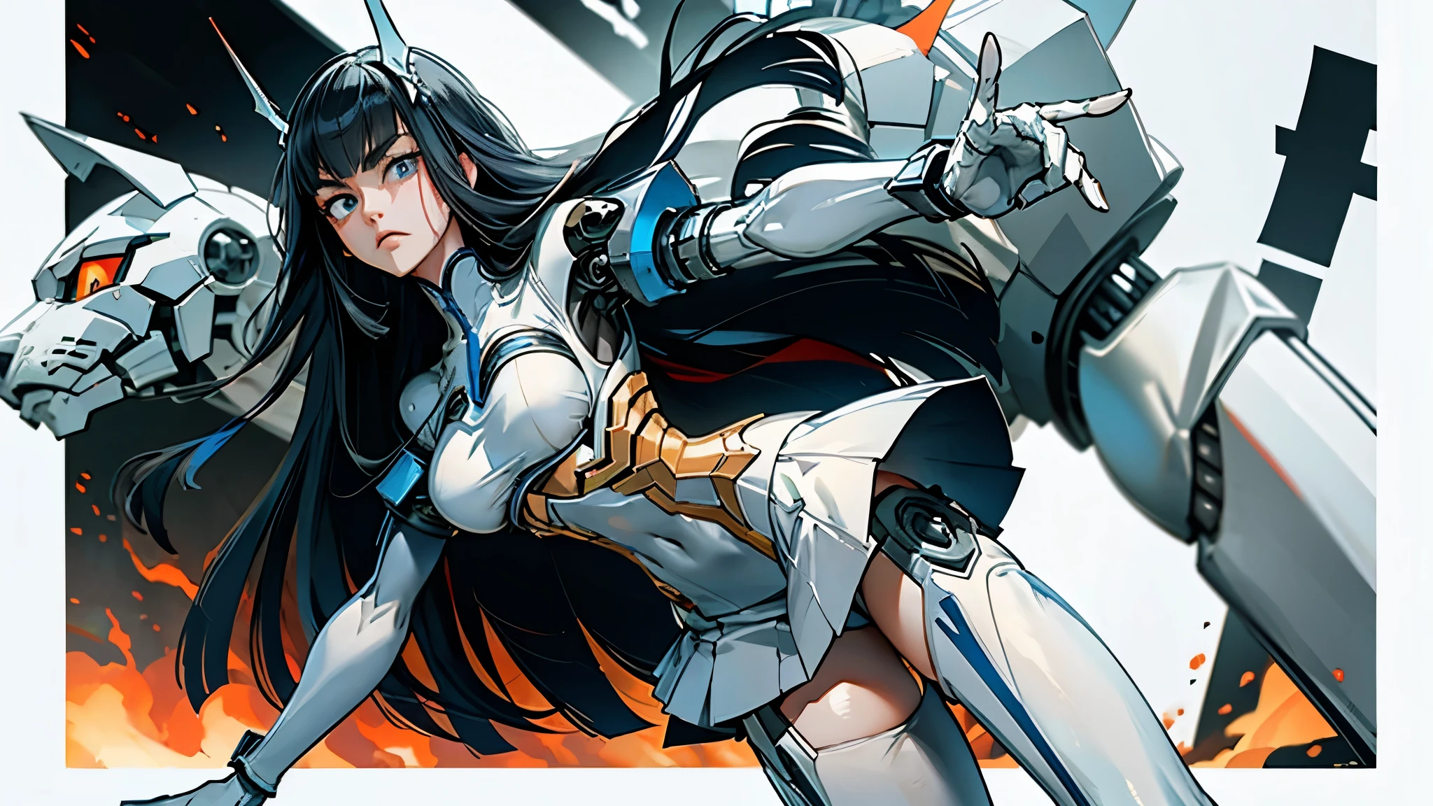 Satsuki Kiryuin,  large breasts, thighhighs, tight leather stockings, White stockings, White shoes, (((underboob))), microskirt, thigh boots, garter straps, , dressed as junkets, Straight posture, Long katana in hand, robot, robotic body, cyborg girl, The body is made of metal, Cyber Eye, cybor killer, tubes throughout the body, thrusters, Mechanical legs, Mechanical arms, very detailed, super quality, 8k ultra resolution, holds a katana with both hands, Short skirt, clothing straps, blood on the cheeks, Epic Shot, in a fighting pose, blurry plan, against the backdrop of the cyber city, The metropolis of the future, very detailed, super quality, 8k ultra resolution