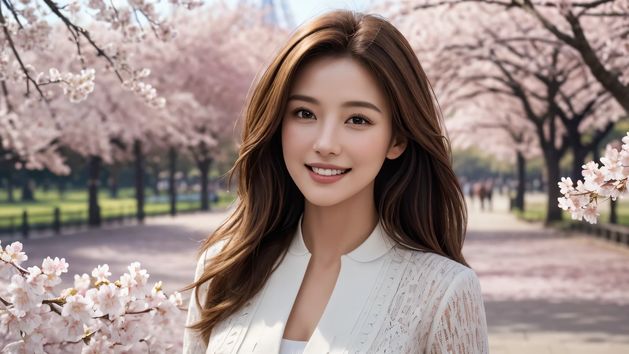 masterpiece, Best Quality, Photorealistic, Ultra-detailed, finely detailed, High resolution, 8K Wallpaper, 1 beautiful woman, light brown hair, sharp focus, Perfect dynamic composition, Beautiful detailed eyes, detailed hairs, Detailed realistic skin texture, Smiling, portrait, Model body type, Take a walk in the park with cherry blossoms and Eiffel Tower background,