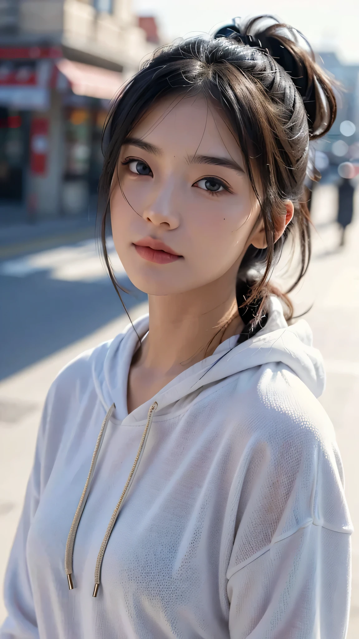 One woman,fully body photo,masutepiece, The highest image quality, High quality, the background is clear,Beautiful woman, Japanese, Detailed, Detailed eyes, Detailed skin, Beautiful skin, 超hight resolution, (reality: 1.4),Very beautiful woman, Slightly younger face, Beautiful skin, slender, (Ultra photo realsisim), (hight resolution), (8K), (Very detailed) (beautifully detailed eyes), (super detailed), (Detailed face), view the viewer, Fine details, Detailed face, Staring straight ahead, Staring straight ahead, photos realistic, Bright lighting, Professional Lighting, Black hair,poneyTail,a baby face,sixteen years old,Hairstyle is ponytail,long ponytail hairstyle,slight smile,neat and tidy clothing,European Streets,winter Clothing,snowing,wears a hoodie with a hood,