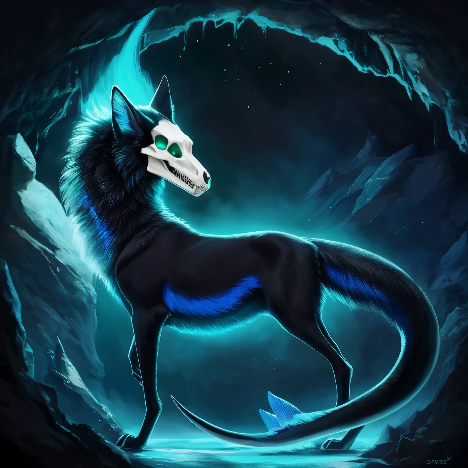 The majestic wolf's head is depicted as a striking skull, adorned with a sleek coat of ebony fur, which accentuates its mysterious allure. The intricate details of the skull showcase a masterful artistry, making it a true masterpiece in the realm of design. As we delve further, we discover that the creature possesses a unique feature - a mesmerizing belly covered in a vibrant hue of verdant green fur, giving it an otherworldly and captivating appearance. Continuing our exploration, we are met with a surprising sight - a shark's tail gracefully extending from the creature's hindquarters, adding an unexpected touch of aquatic elegance to its overall composition. Furthermore, it possesses two appendages, subtly integrated into its form, symbolizing its remarkable duality.