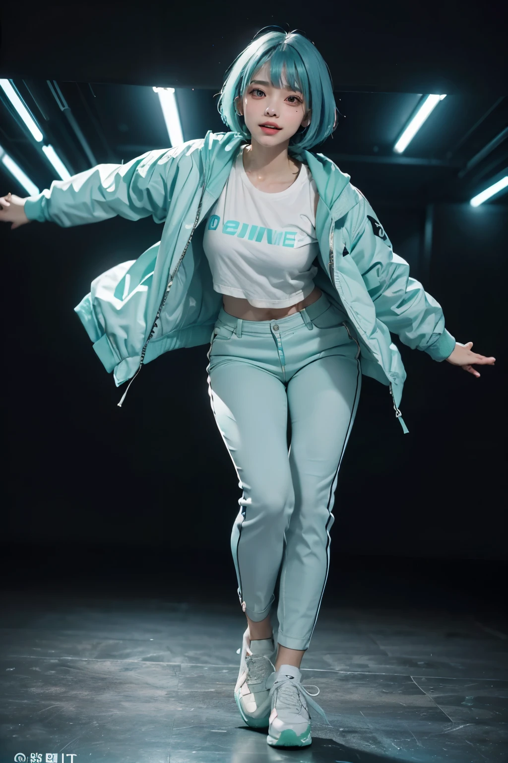 (1beautiful girl:1.1), (mint blue hair:1.1),(bob cut hair:1.1), (blunt bangs), (squinting), (joy smile), (one hand good sign:1.2), (vivit mint blue down jacket:1.4), 18 year old, (white t-shirts), (white sportswear trouserint blue sneaker, futuristic cyberpunk style, (dynamic dance:1.2), (dynamic aerial shot), (full body:1.1), (night super futuristic), ((colorful different space))