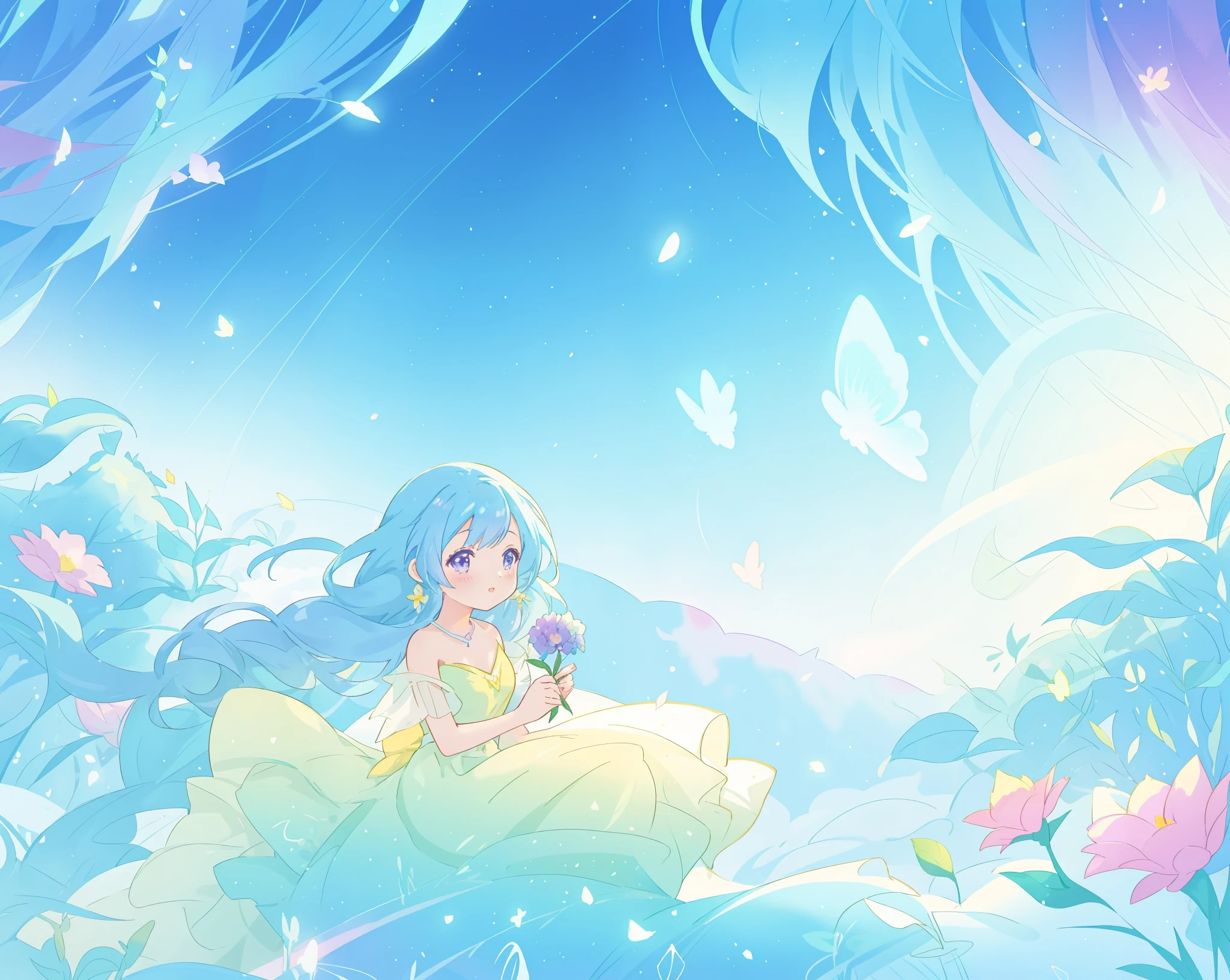 beautiful girl in yellow mint gradient flowing ballgown, long flowing blue purple hair, colorful fantasia background, watercolor illustration, disney art style, glowing aura around her, glowing lights, beautiful digital illustration, fantasia otherworldly landscape plants flowers, beautiful, masterpiece, best quality, anime disney style