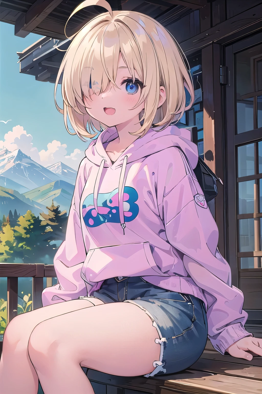 (masterpiece:1.2), (highest quality:1.2), Upper body, perfect eyes, perfect face, perfect lighting, mountainous horizon, 1 girl, blonde, blue eyes, ((((((hair over one eye,)))))), a braid, spike hair, dull bangs, bob hair, Ahoge, cute eyes, Medium chest , ((From the side)),((from below)), open mouth, vivid description,orgasm, I was scared, Ahegao, smile+Happy, tooth, anger, From the side, She is wearing pink shorts with jeans textured lace, wearing a hoodie, sitting, 