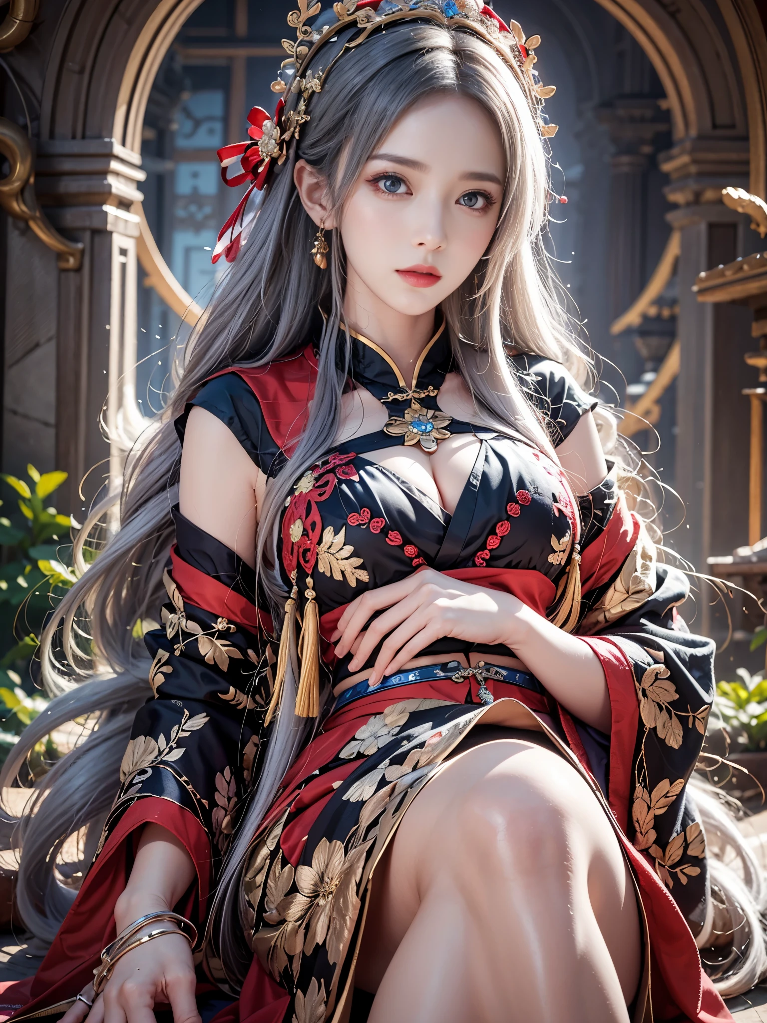 photorealistic, High resolution, soft light, 1 female, alone, hip up, red eyes, gray hair, long hair, fine eyes, red eyes, alone, traditional chinese costume, red wedding hanfu, realistic, compensate