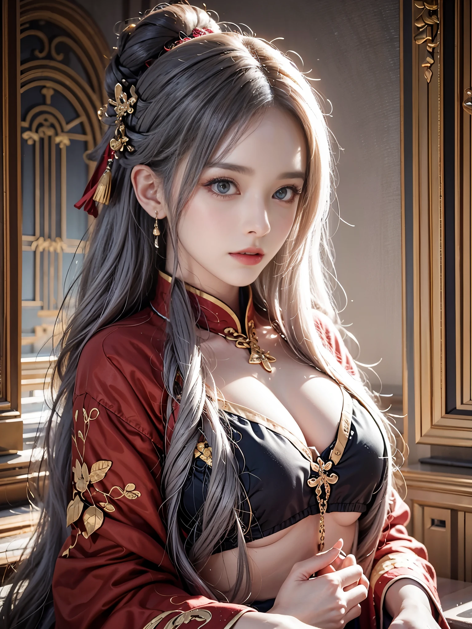 photorealistic, High resolution, soft light, 1 female, alone, hip up, red eyes, gray hair, long hair, fine eyes, red eyes, alone, traditional chinese costume, red wedding hanfu, realistic, compensate