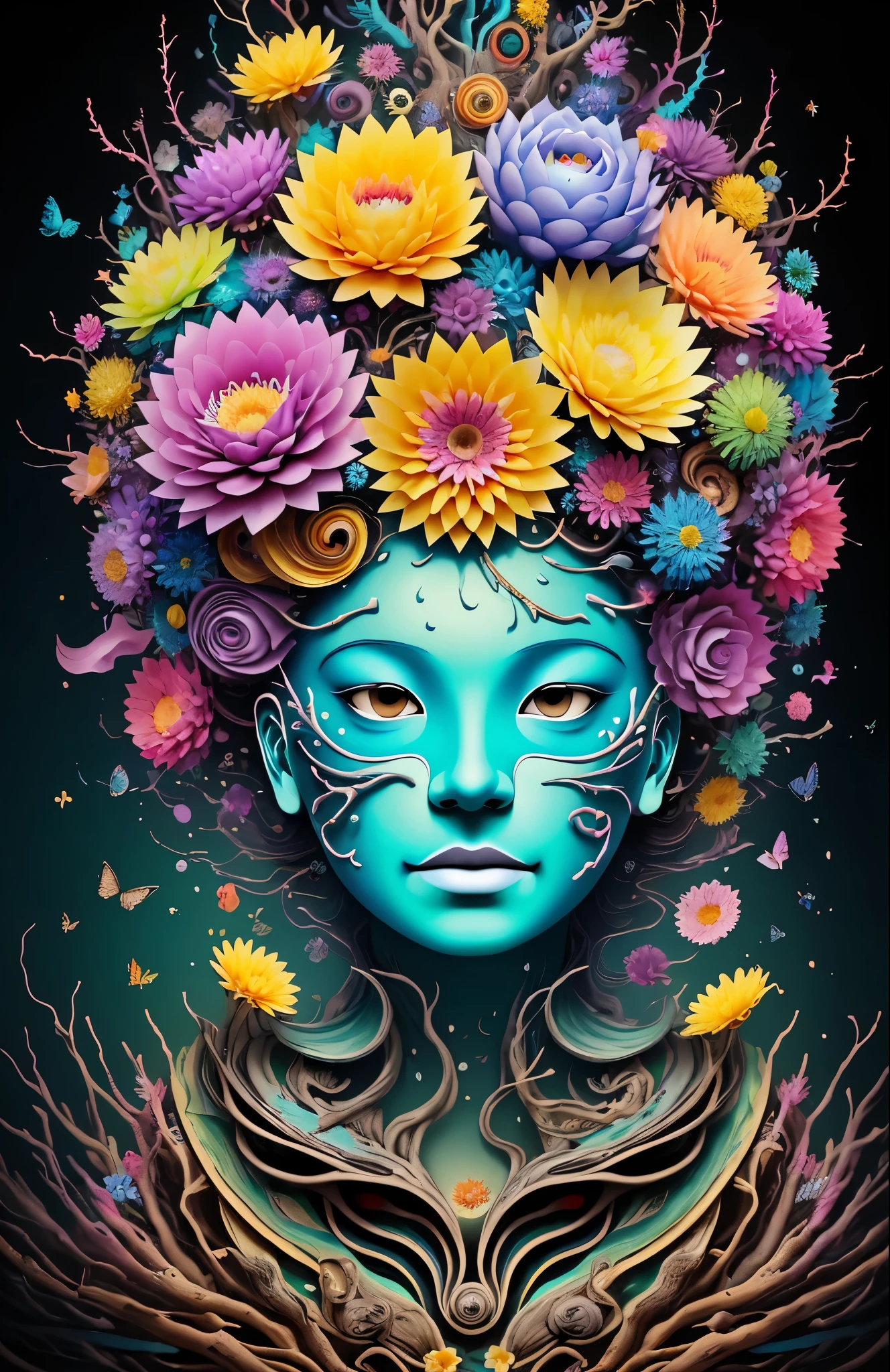 3d mask with various ordinary objects on it,Spiky blonde hair,texture, complex, Dreams bloom like flowers，Many flowers，Dead vines，old tree，Gorgeous, shadow, pastel colors, 3d, mask, Very detailed, Deco, tim burton, Salvador dali, Cheng Xiaolong, Cyril Rolando, inspired by J. d. lasso, 3d stereoscopic，pop color style, Photo portrait surrounded by orbiting planetary satellites, green hair spiky hair, make me jealous, Mark Leyden, Alberto Seveso, creek shade, Anna dietman, Flora Bossi, 8k resolution, perfect composition, Milky Way, rainbow colors, flying insects, scales, wing, blue, texture, complicated, Gorgeous, shadow, pastel colors,mask， 3d, Very detailed, deco, tim burton, dale Chihuly, Xiaolongcheng, Cyril Rolando, by J. Jitter，Flower heads are empty，artwork，display stand，sculpture，Craftsmanship，artwork，