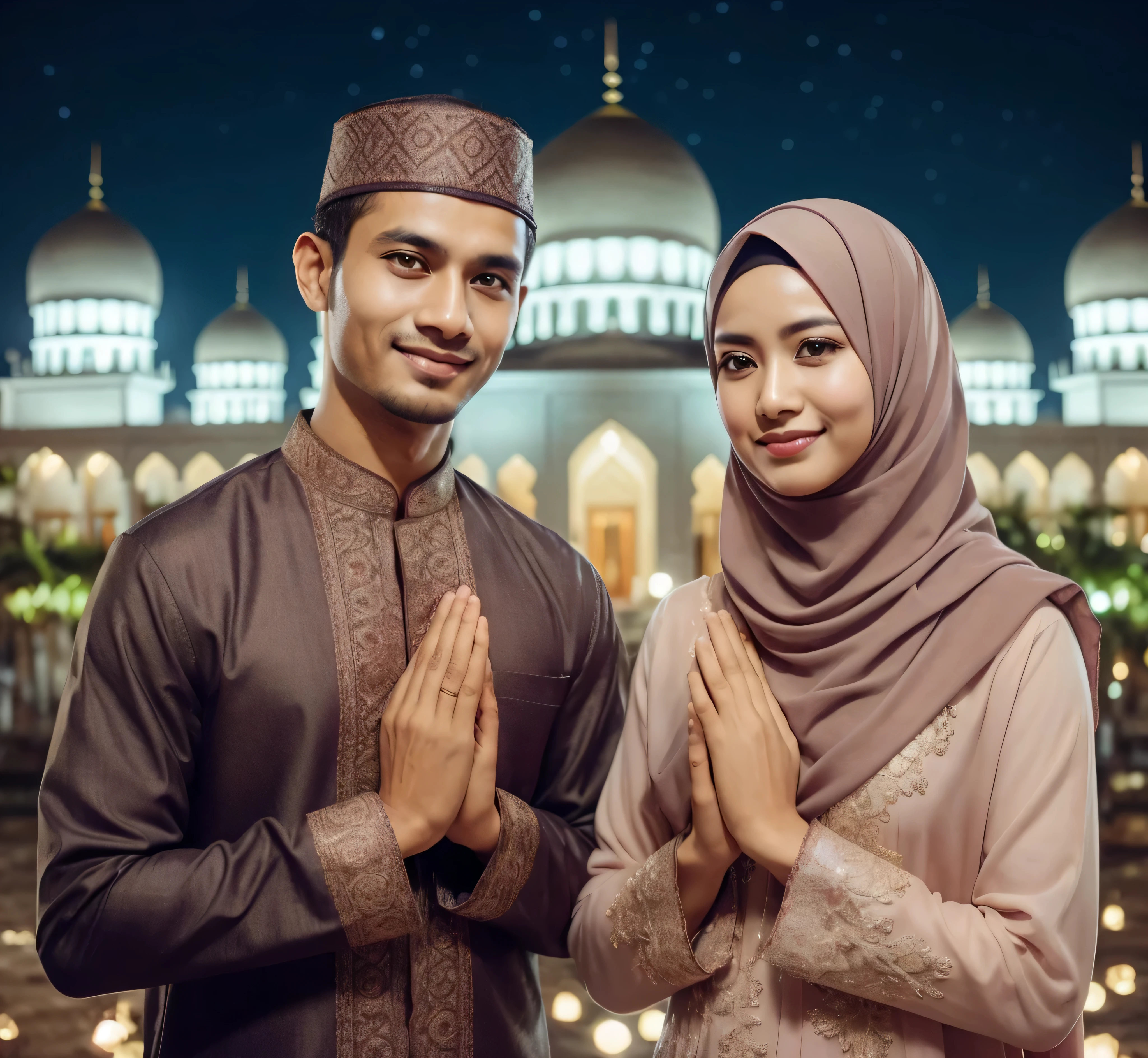 muslim couple in front of a mosque with hands together, muslim, profile picture 1024px, lovely couple, portrait shot, happy couple, couple, couple pose, wearing authentic attire, islam, islamic, wearing traditional garb, couples portrait, malaysian, couple portrait, traditional clothes, inspired by Basuki Abdullah, fanart, a colorized photo, wearing white cloths