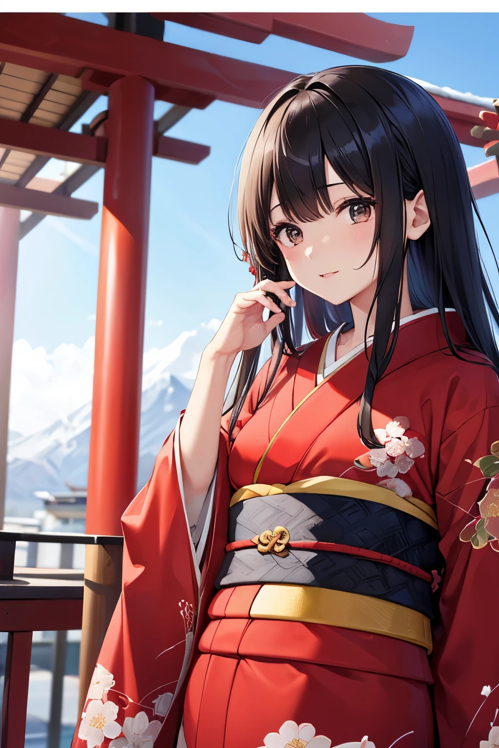 best quality, highres,1 woman,Slender、small face、brown eyes、(tall:1.3)、black hair BREAK、long hair、(red kimono:1.4)、hair ornaments、25 years old、Mature、winter、blue sky