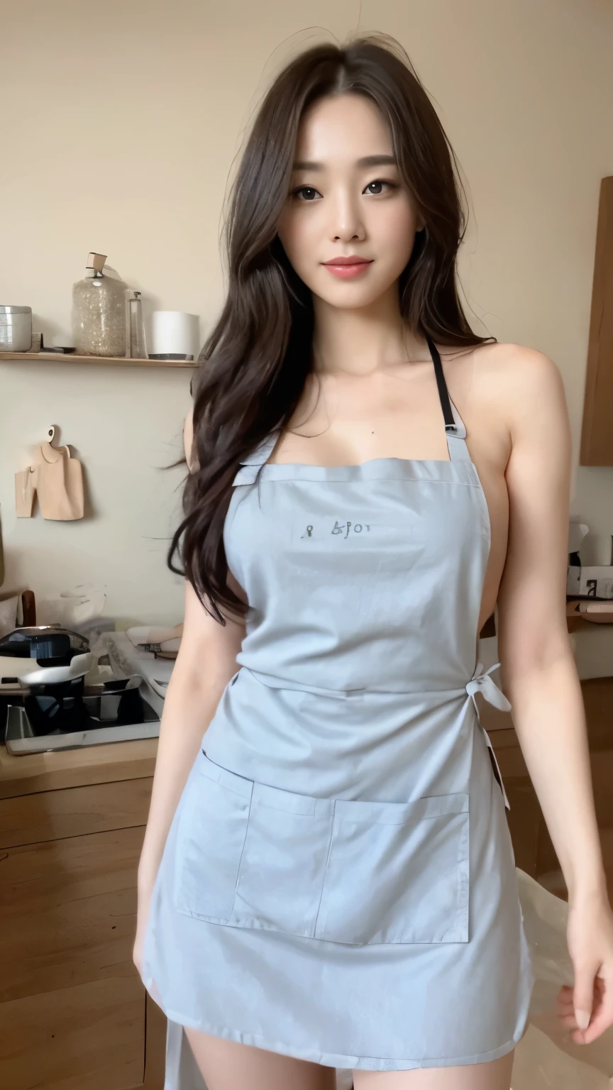 ((top-quality、8k、​masterpiece:1.3))、Beautiful woman with perfect body:1.4、slim abdomen:1.2、Longhair, normal breast, Highly detailed facial and skin texture, A detailed eye, delicate eyes, double eyelid, (smile), (full body shot), ((kitchen)), (standing), ((wearing apron)), looking in front