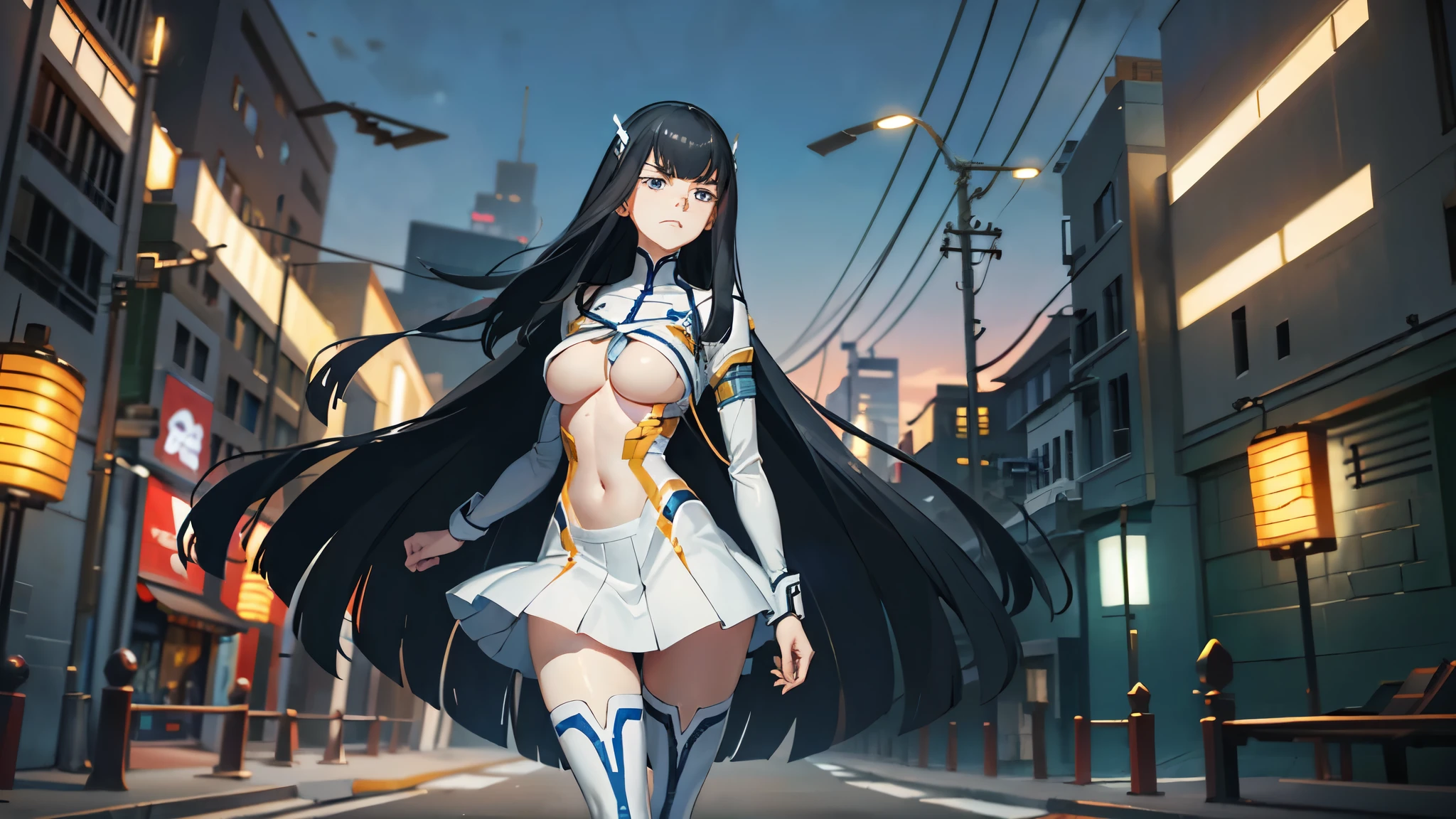 Satsuki Kiryuin,  large breasts, thighhighs, tight leather stockings, White stockings, White shoes, (((underboob))), microskirt, thigh boots, garter straps, , dressed as junkets, Straight posture, Long katana in hand, robot, robotic body, cyborg girl, The body is made of metal, Cyber Eye, cybor killer, tubes throughout the body, thrusters, Mechanical legs, Mechanical arms, very detailed, super quality, 8k ultra resolution, holds a katana with both hands, Short skirt, clothing straps, blood on the cheeks, Epic Shot, in a fighting pose, blurry plan, against the backdrop of the cyber city, The metropolis of the future, very detailed, super quality, 8k ultra resolution