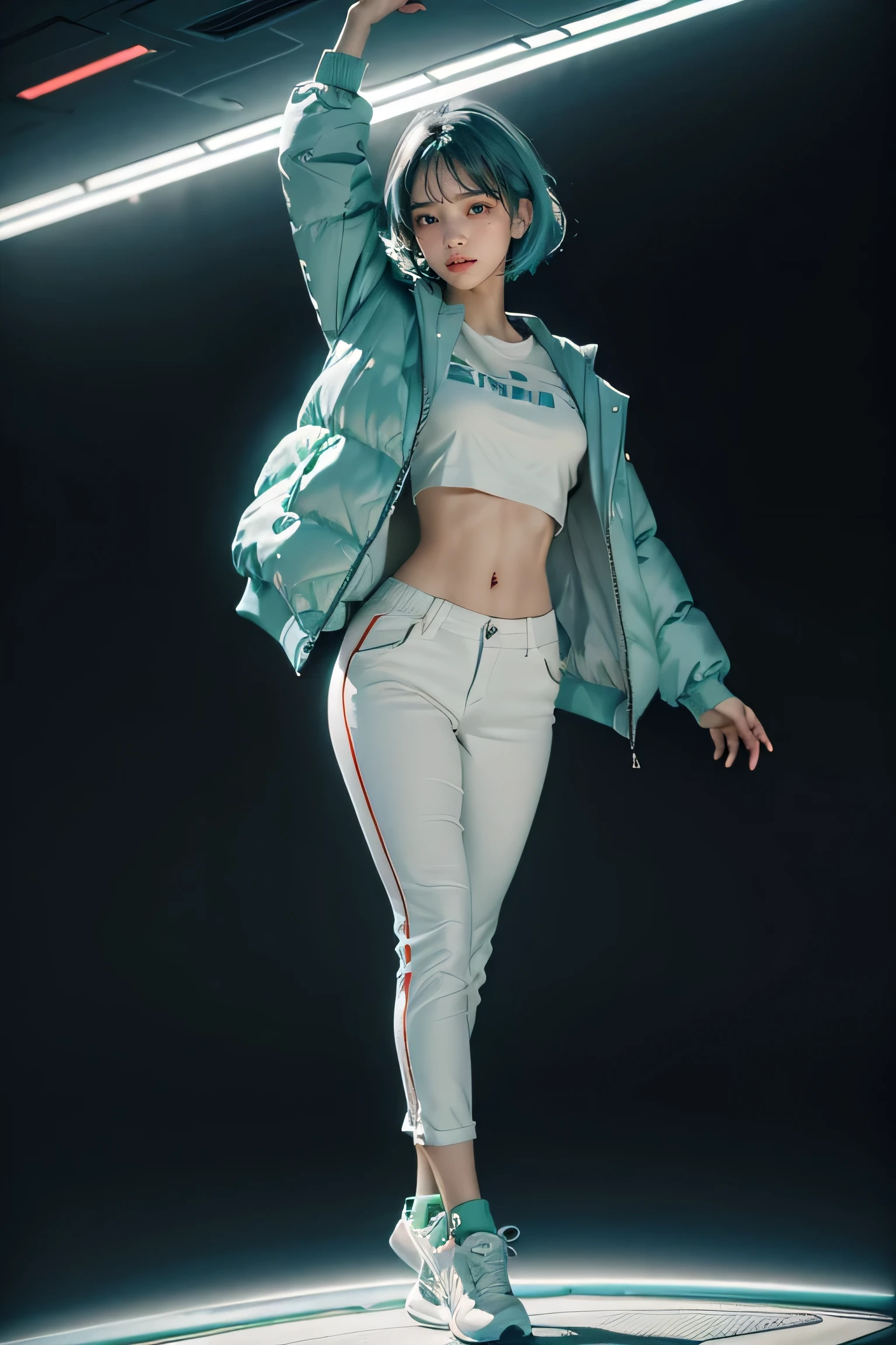(1 beautiful girl:1.1), (mint blue hair:1.1),(bob cut hair:1.1), (dull bangs), (narrow your eyes), (joy:1.2), (smile:1.2), (live mint blue down jacket:1.4), 18-year-old,  (white t-shirt), (White sportswear pants lint blue sneakers, futuristic cyberpunk style, (dynamic dancing:1.2), (dynamic aerial photography),  (whole body:1.1), (ultra futuristic during daytime), ((Bright and colorful different space))
