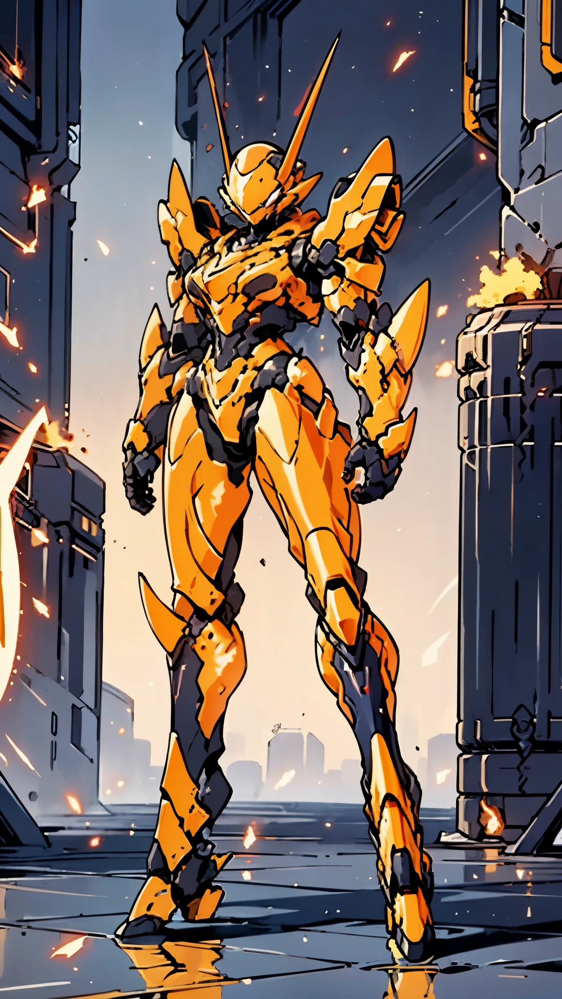 A woman adorned in fantasy-style full-body armor, a crown-concept fully enclosed met that unveils only her eyes, a composite layered chest plate, fully encompassing shoulder and hand guards, a lightweight waist armor, form-fitting shin guards, the overall design is heavy-duty yet flexible, ((the armor gleams with a golden glow, complemented by red and blue accents)), exhibiting a noble aura, she floats above a fantasy-surreal high-tech city, this character embodies a finely crafted fantasy-surreal style armored hero in anime style, exquisite and mature manga art style, (Queen bee mixed with Spider concept Armor, plasma, blo((Element, energy, elegant, goddess, femminine:1.5)), metallic, high definition, best quality, highres, ultra-detailed, ultra-fine painting, extremely delicate, professional, anatomically correct, symmetrical face, extremely detailed eyes and face, high quality eyes, creativity, RAW photo, UHD, 32k, Natural light, cinematic lighting, masterpiece-anatomy-perfect, masterpiece:1.5