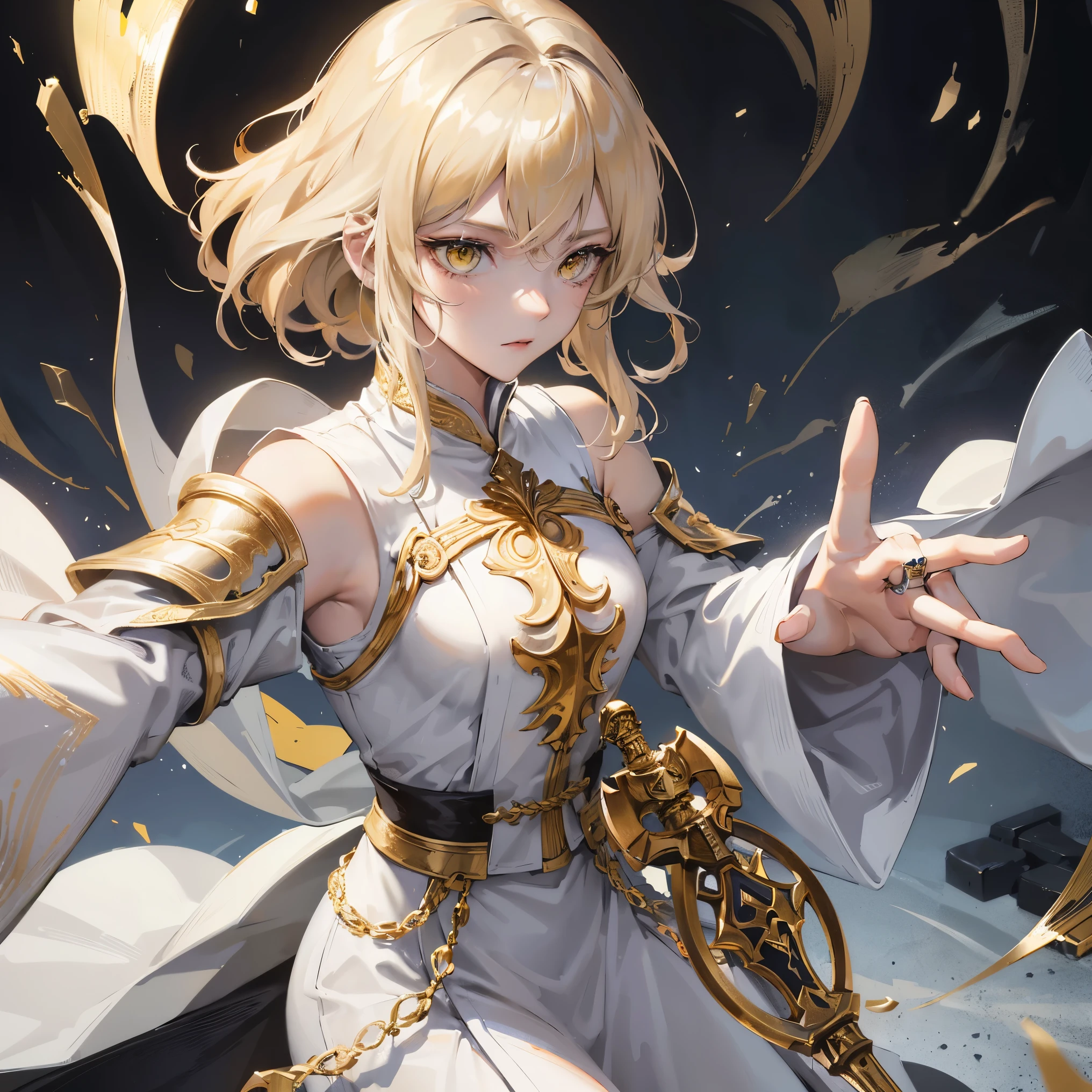 20 inch short hair woman、blonde、blonde、wavy hair、yellow eyes、paladin、white monk&#39;s robe、Silver Plate Armor、No expression、emotionless、dark look、Engagement ring on ring finger of left hand、Gripping the Broadsword、