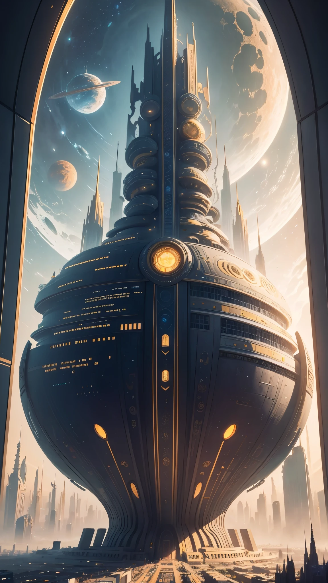 a close up of a painting of a futuristic city with a lot of buildings, an ultrafine detailed painting by Jon Coffelt, cg society contest winner, maximalism, interplanetary cathedral, intricate futurism, ornate gilded cosmic machine, big and structured valhalla city, painting of ornate space ship, dmt city, borne space library artwork