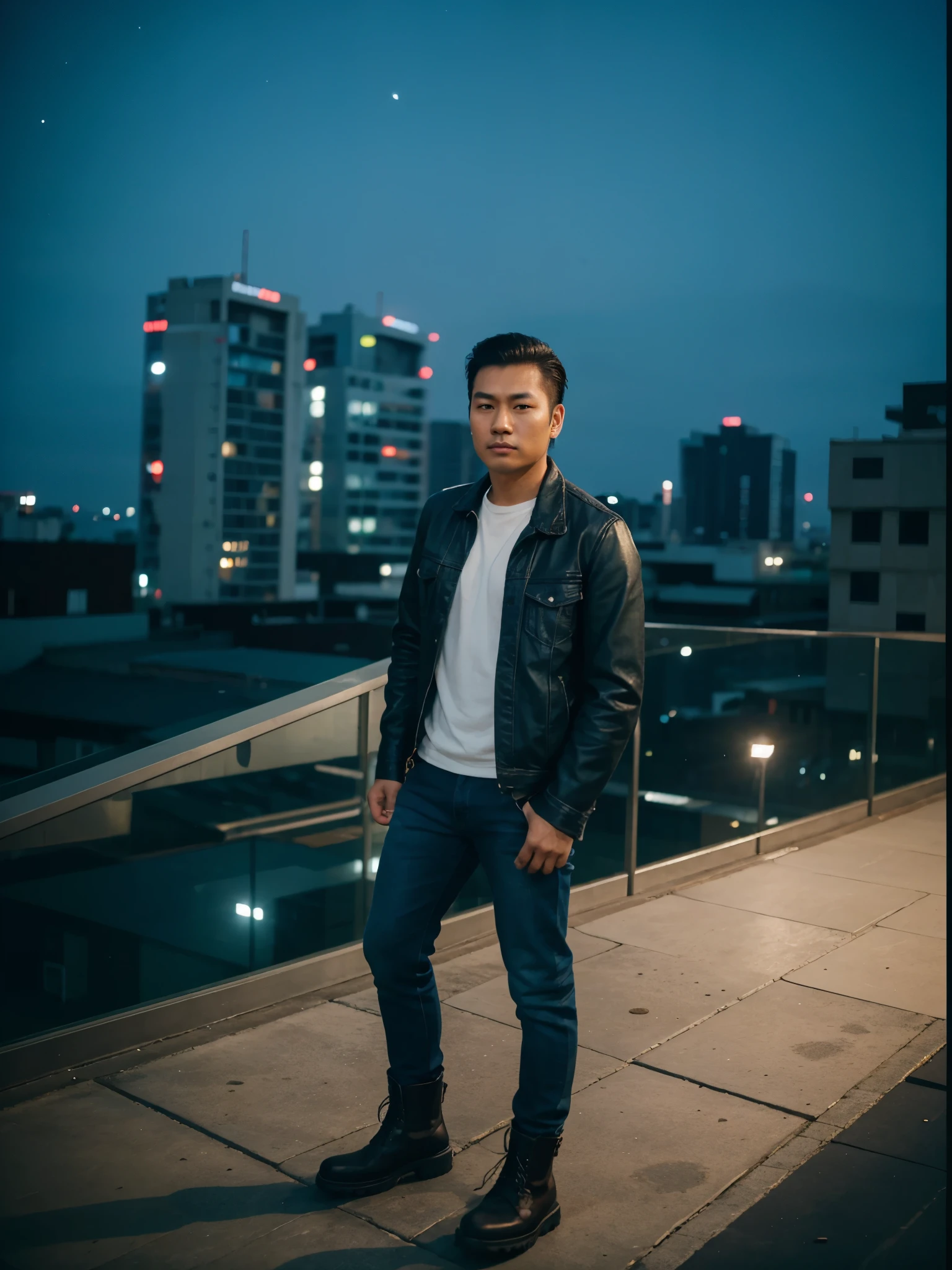 realistic portrait of an asian man from Indonesia with slick back hair wearing a denim jacket and boots standing from the top of a building carrying a DSLR camera, night time atmosphere full of stars and moonlight, bird's eye camera