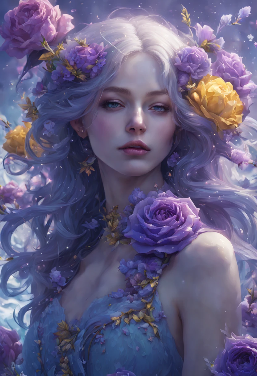 sea of flowers, aesthetic, blue rose blooming in a snowfield a masterpiece, 8k resolution, dark fantasy concept art, by Greg Rutkowski, dynamic lighting, hyperdetailed, intricately detailed, Splash screen art, trending on Artstation, deep color, Unreal Engine, volumetric lighting, Alphonse Mucha, Jordan Grimmer, purple and yellow complementary colours