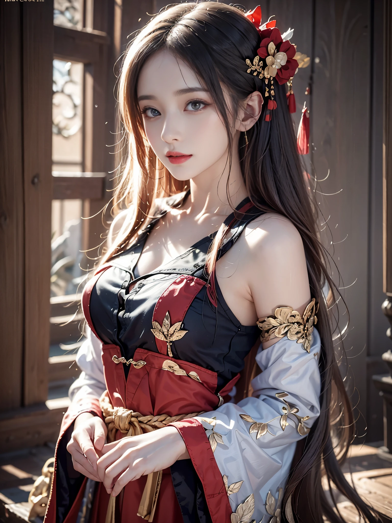 photorealistic, High resolution, soft light, 1 female, alone, hip up, red eyes, gray hair, long hair, fine eyes, red eyes, alone, traditional chinese costume, red wedding hanfu, realistic, compensate