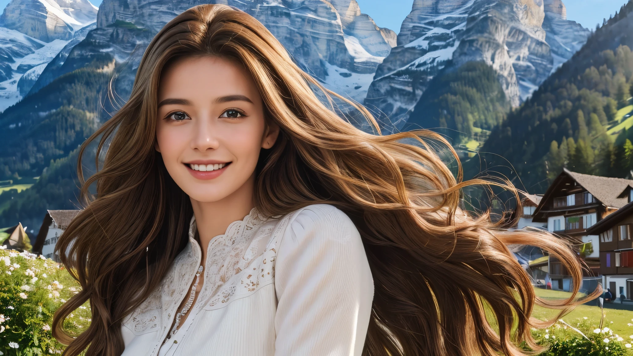 masterpiece, Best Quality, Photorealistic, Ultra-detailed, finely detailed, High resolution, 8K Wallpaper, 1 beautiful woman, light brown hair, Perfect dynamic composition, Beautiful detailed eyes, detailed hairs, Detailed realistic skin texture, Smiling, portrait, Model body type, The background is the village of Lauterbrunnen, Switzerland,