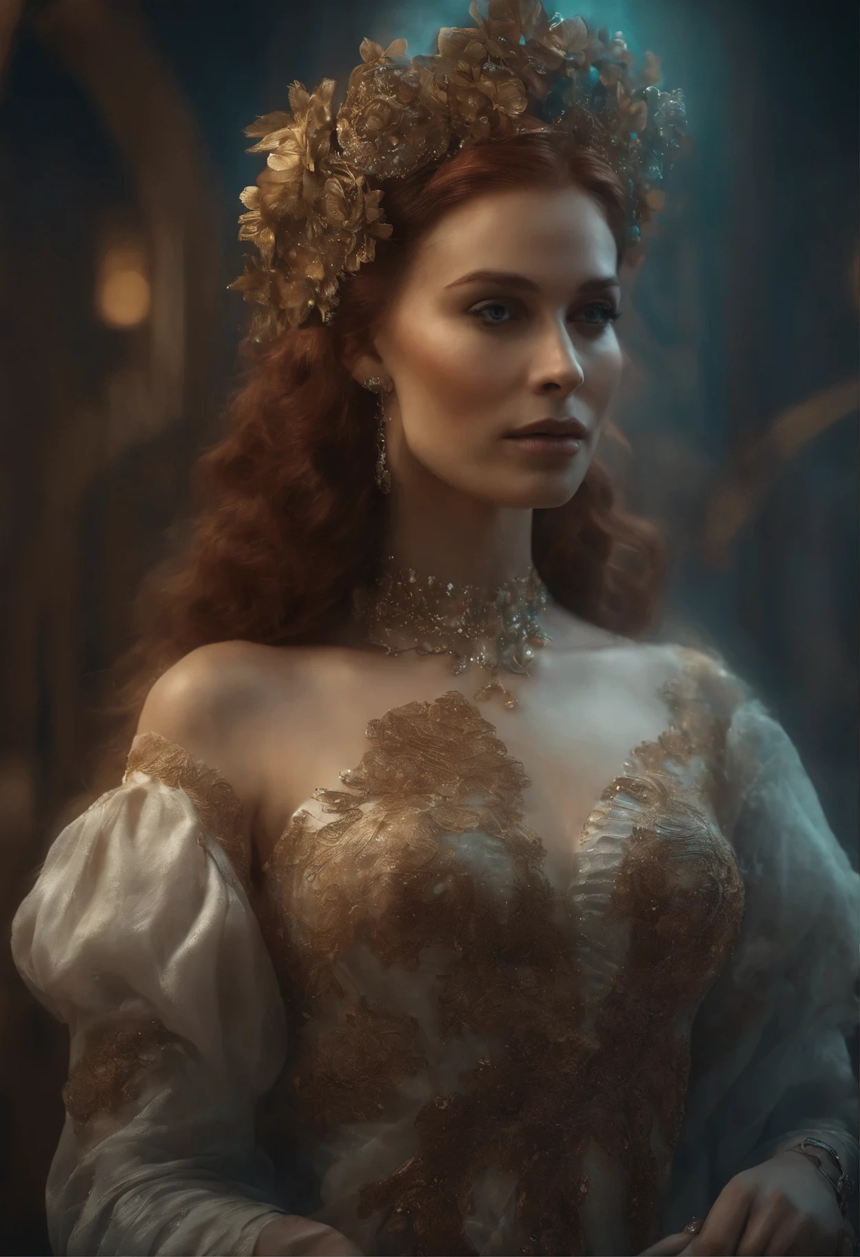 Bettie Page, starfire, Young white girl thin pale, cabelo vermelho, corpo inteiro, capa, pintura hiperdetalhada, luminismo, Bar lighting, complexo, 4k resolution concept art portrait by Greg Rutkowski, Artgerm, WLOP, Alphonse Mucha, little fusion pojatti realistic steampunk, fractal isometrics details bioluminescens : uma fotografia realista impressionante 30 anos , ruiva, Stunning beautiful Italian god with large white flowers Wet bone structure tiara, 3d render, octane render, intrincadamente detalhado, titanium decorative headdress, cinemactic, trending in artstation | isometric | Amazing colorful centered hypereallistic cover photo, hand-drawn, escura, arenosa, realista mucha, klimt, erte .12k, intrincado. hit definition , cinemactic, rough sketch, mistura de linhas escuras ousadas e linhas soltas, linhas ousadas, no papel, corpo inteiro com vestido de veludo, humanoide, corpo inteiro.