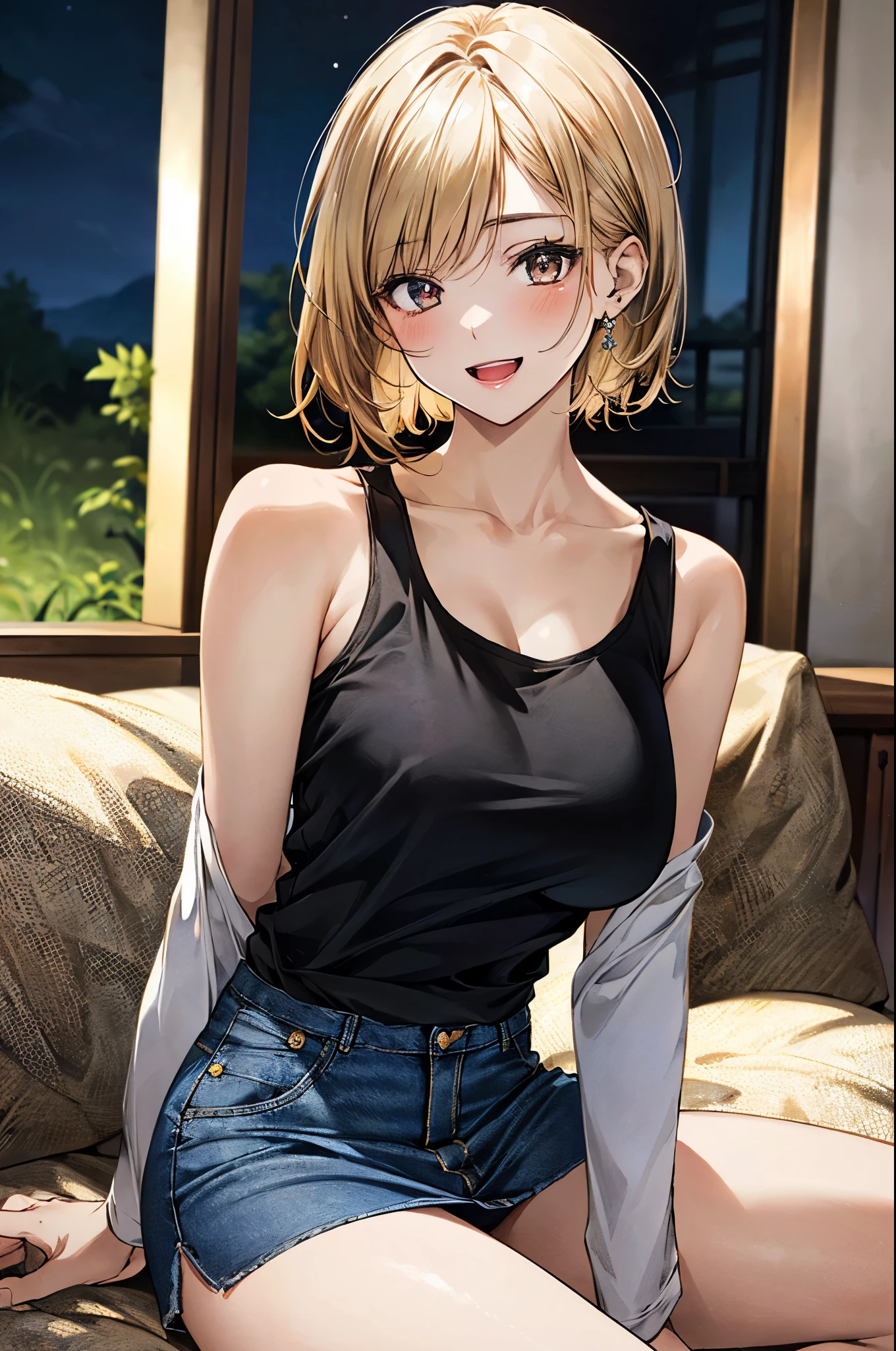 (masterpiece:1.2, top-quality, ultra high res, ultra detailed), (realistic, photorealistic:1.4), beautiful illustration, (perfect lighting, natural side lighting, movie lighting),
looking at viewer, 1 girl, japanese, high school girl, perfect face, (perfect anatomy), cute and symmetrical face, shiny skin, slender,
(short hair:1.5, pixie cut:1.4, blond hair), bangs pinned back, gold eyes, long eye lasher, (large breasts:0.6, thick thighs),
beautiful hair, beautiful face, beautiful detailed eyes, beautiful clavicle, beautiful body, beautiful chest, beautiful thigh, beautiful legs,
(((long sleeve black string chilled off shoulder t-shirt), black tank top, denim mini skirt)),
(beautiful scenery), depth of field, night, (living room), yokozuwari, pointing at self, (wink, lovely smile, open mouth),