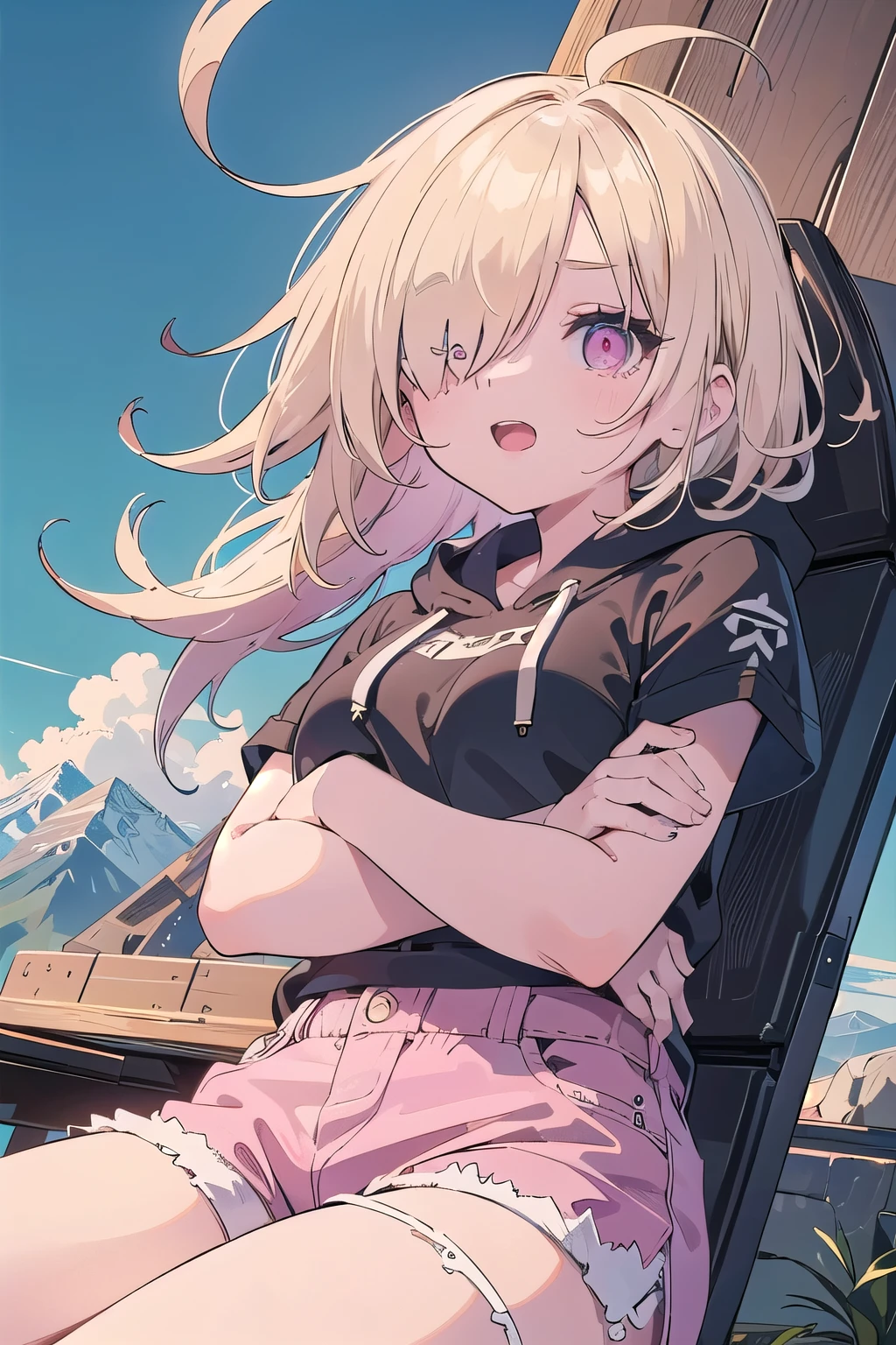 (masterpiece:1.2), (highest quality:1.2), perfect eyes, perfect face, perfect lighting, mountainous horizon, 1 boy,blonde Upper body, big breasts red eye, ((((((hair over one eye,)))))), a braid, spike hair, dull bangs, bob hair, Ahoge, cute eyes, Medium chest, , (((from below))), open mouth, vivid description,orgasm, I was scared, Ahegao, smile+Happy, tooth, anger, From the side, She is wearing pink shorts with jeans textured lace, wears hoodie in yellow modern style fashion, sitting, crossed arms, (looking up:1.3), (face close up:1.3)