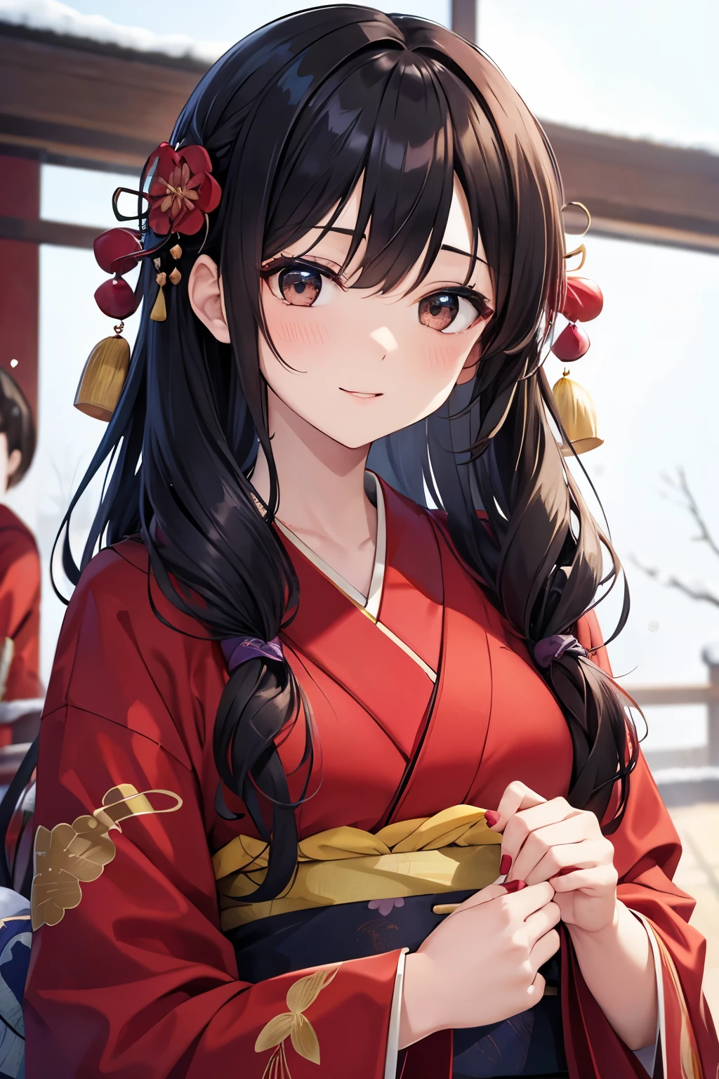 best quality, highres,1 woman,Slender、small face、brown eyes、(tall:1.3)、black hair BREAK、long hair、(red kimono:1.4)、(beautiful woman:1.5)、hair ornaments、25 years old、Mature、winter、blue sky