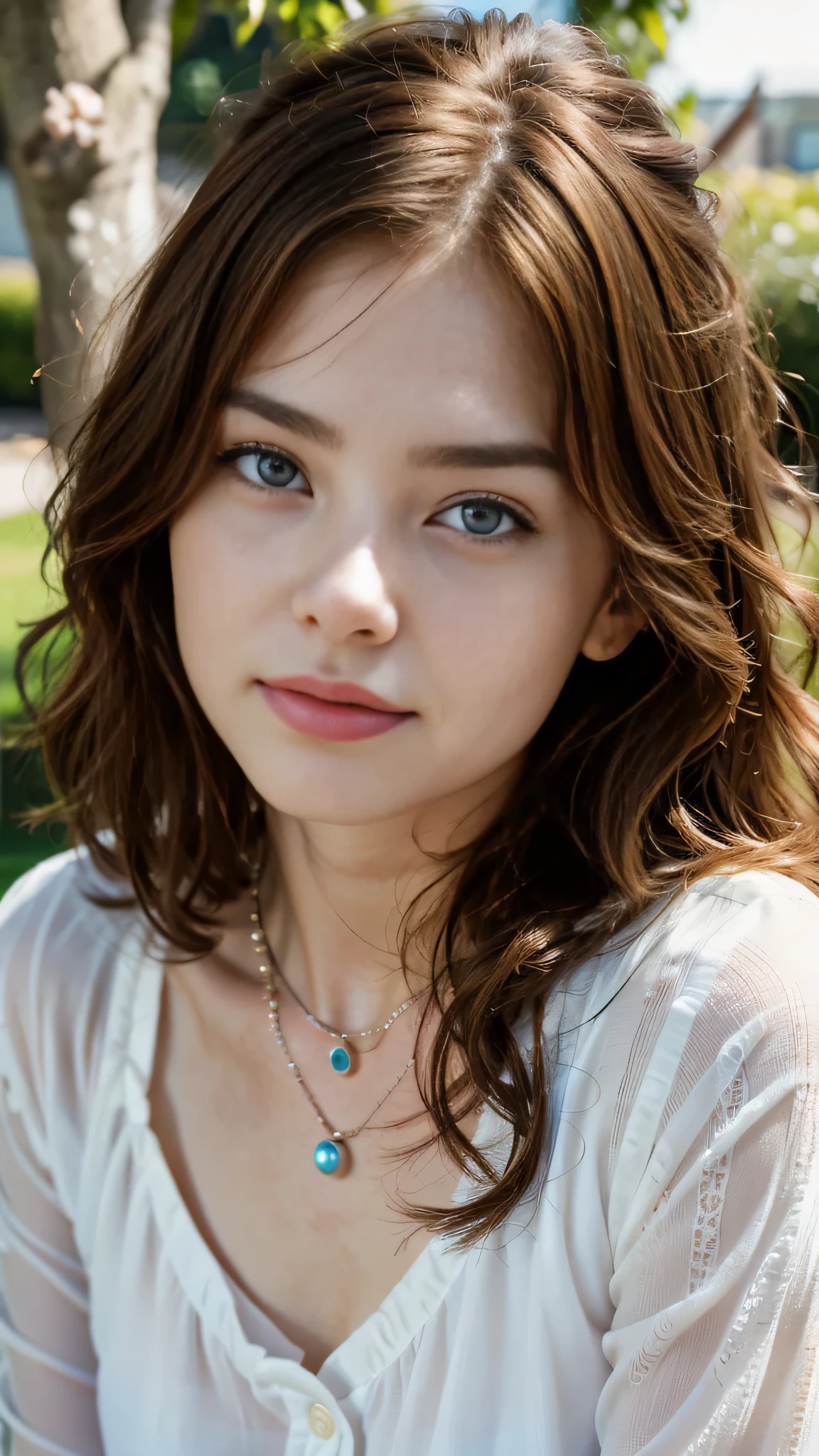 ロシアの美しい 18 歳の少女の顔の超genuineな写真,genuine、8k、 She has long wavy brown hair, blue eyes and freckles. she is smiling and looking at the camera.、she wears a pearl earring in her left ear、I wear a silver necklace around my neck..。. she has clear rosy skin, Her eyes and lips have soft makeup. she looks bright and confident. The depth of field in the photo is shallow, blur background、emphasize the face of a young girl。. Adjust the white balance、Achieving natural and soft light. ISO is lower to avoid noise、contrast, Saturation and sharpness are medium、genuineで写真的な効果をto be bornみ出します。. to be born,(masterpiece) (perfect proportions) (genuineな写真) 、(highest quality) 、(be familiar with)、(wallpaper) (cinematic lighting) (dramatic lighting) (sharp focus) (Complex), (close up of face), genuineな影, surgenuine.